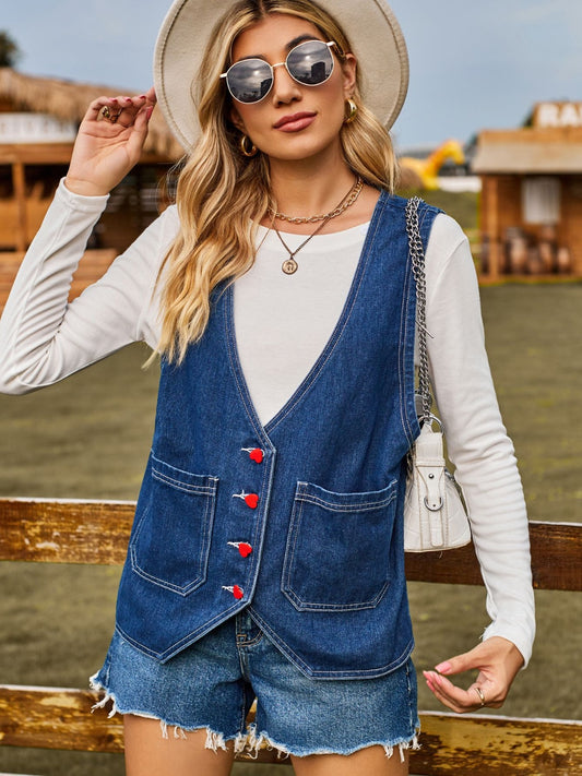 Pocketed Button Up Sleeveless Denim Jacket NicholesGifts
