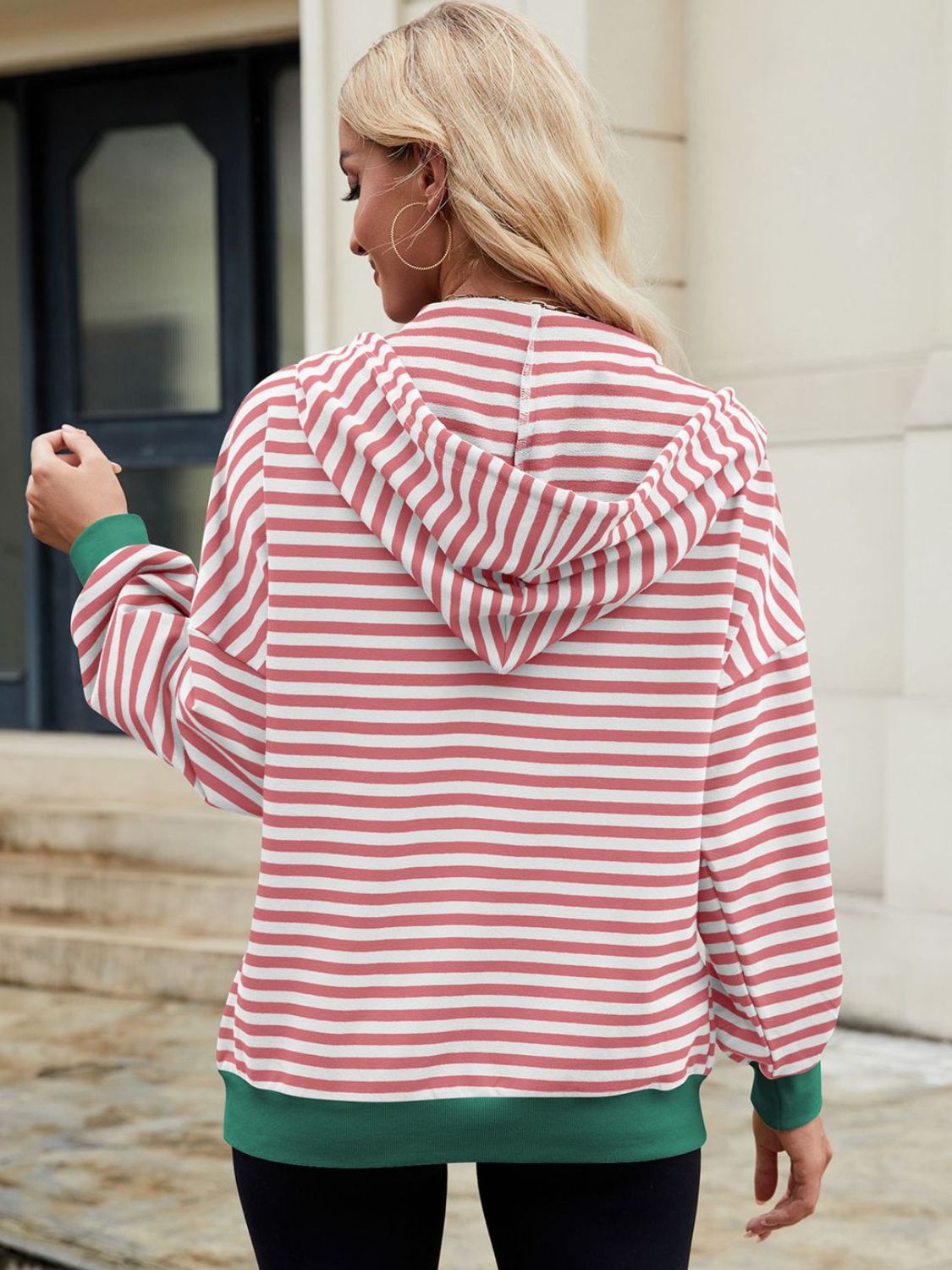 Women Drawstring Striped Zip Up Long Sleeve Hoodie nicholesgifts