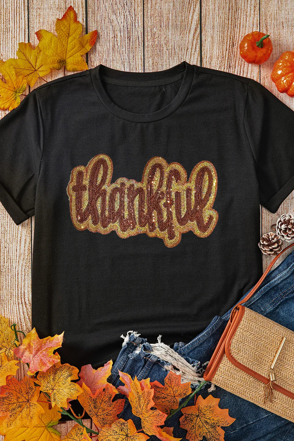 THANKFUL Sequin Round Neck Short Sleeve T-Shirt Trendsi