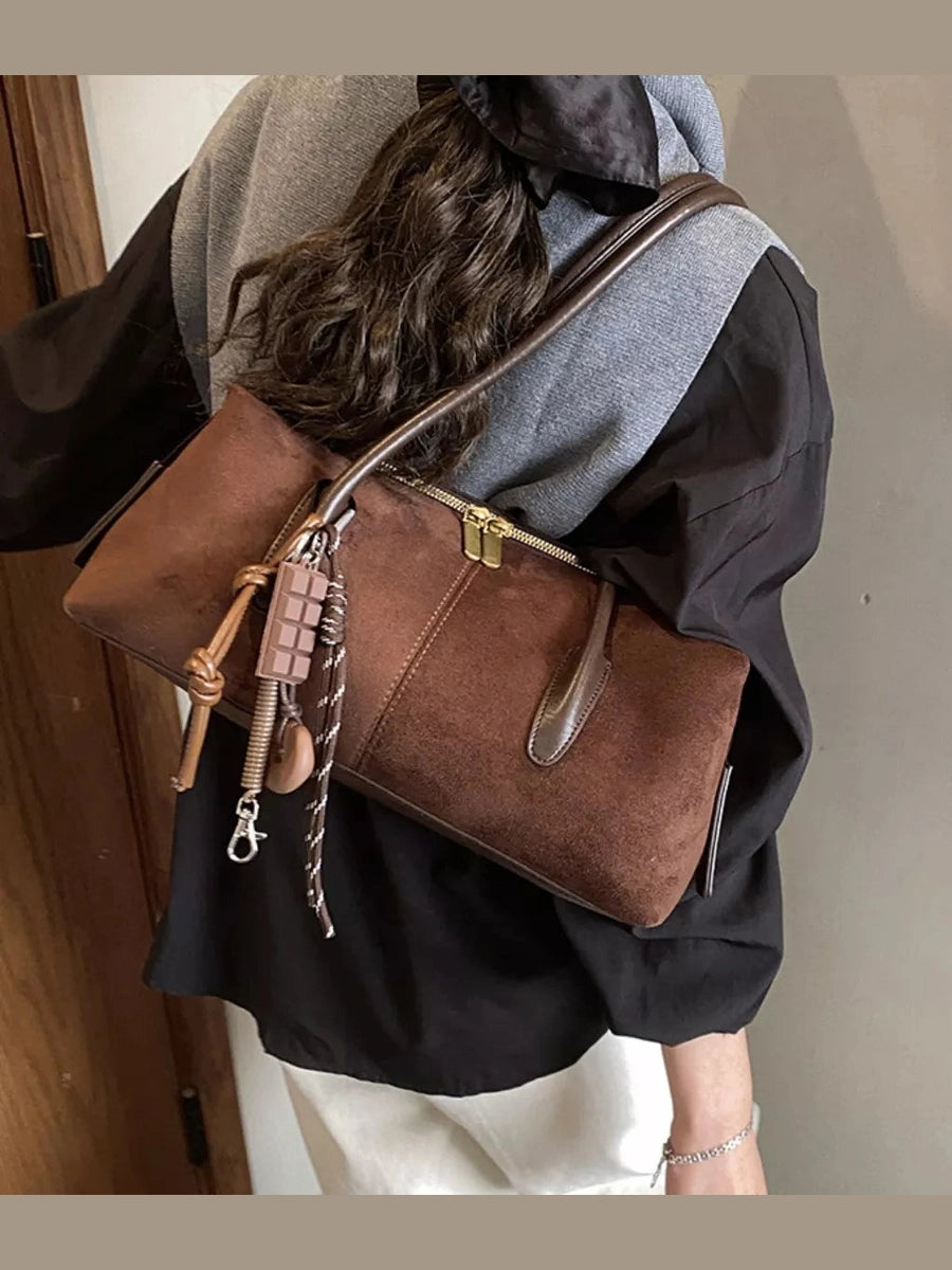 Elegant Suede Shoulder Bag with Pendant nicholesgifts