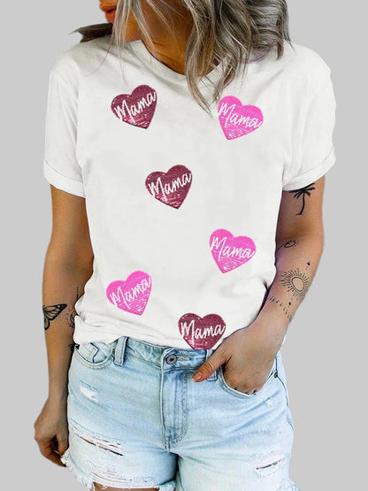MAMA Heart Shape Sequin Patched Crew Neck T Shirt nicholesgifts