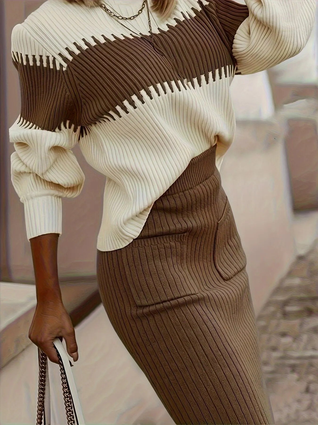Two-Tone Ribbed Knit Top and Skirt Sweater Set nicholesgifts