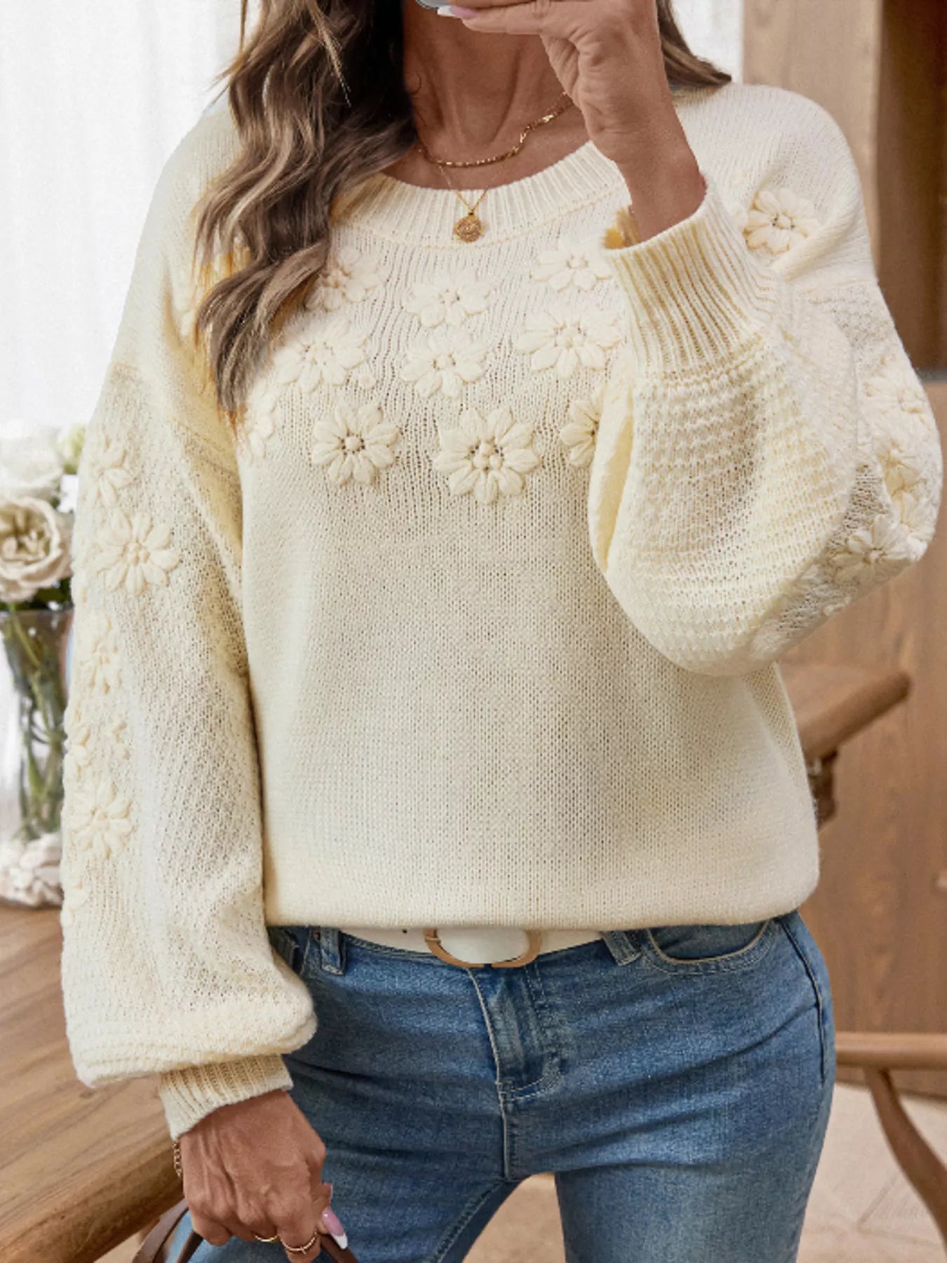 Flower Round Neck Long Sleeve Sweater