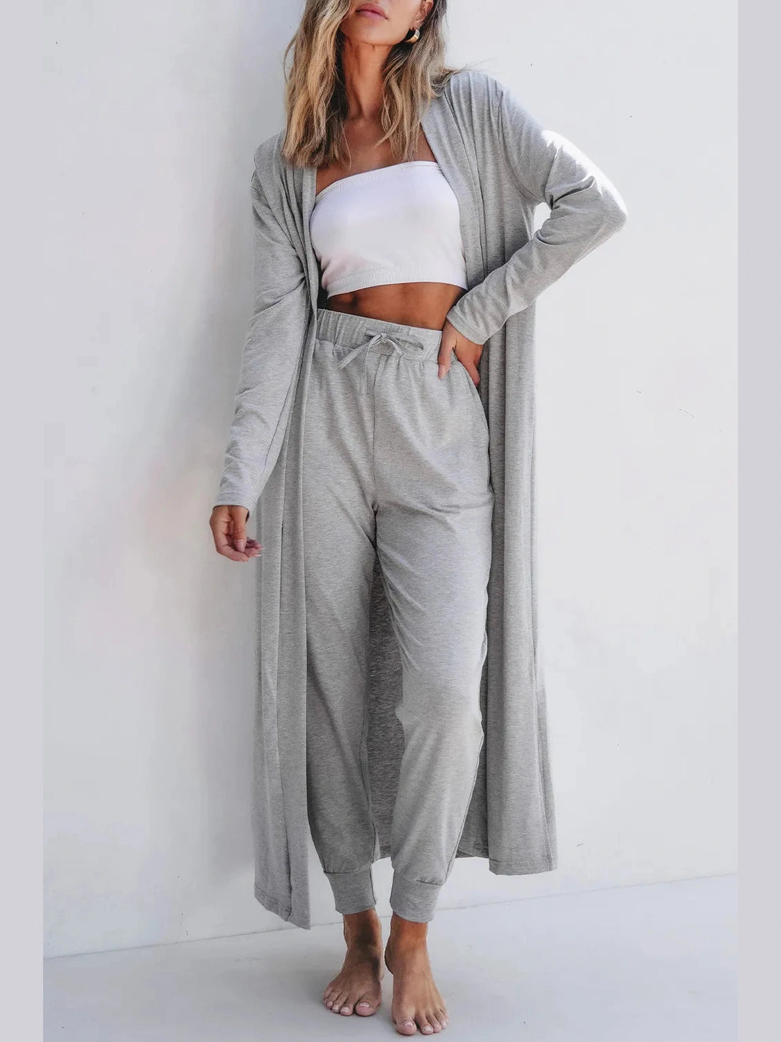 Open Front Long Sleeve Cardigan and Pants Lounge Set nicholesgifts