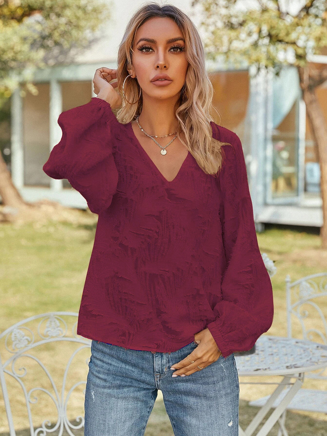 V-Neck Long Sleeve Blouse nicholesgifts