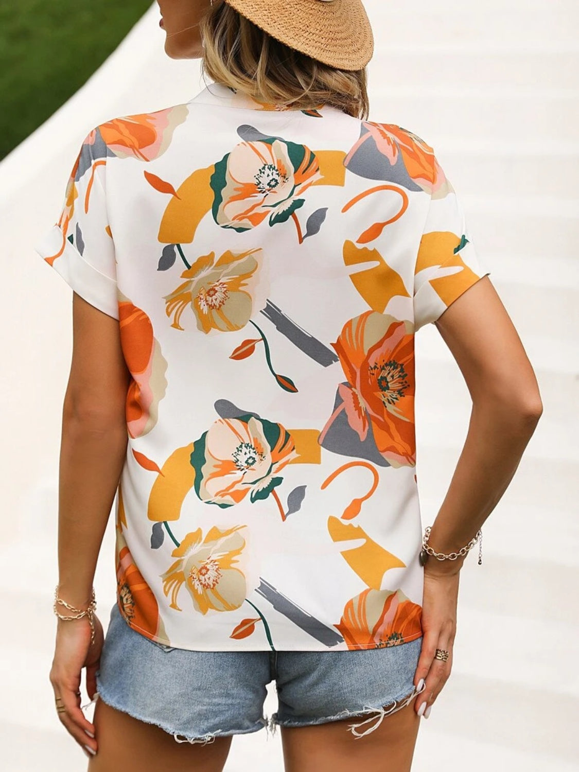 Printed Notched Short Sleeve Blouse nicholesgifts