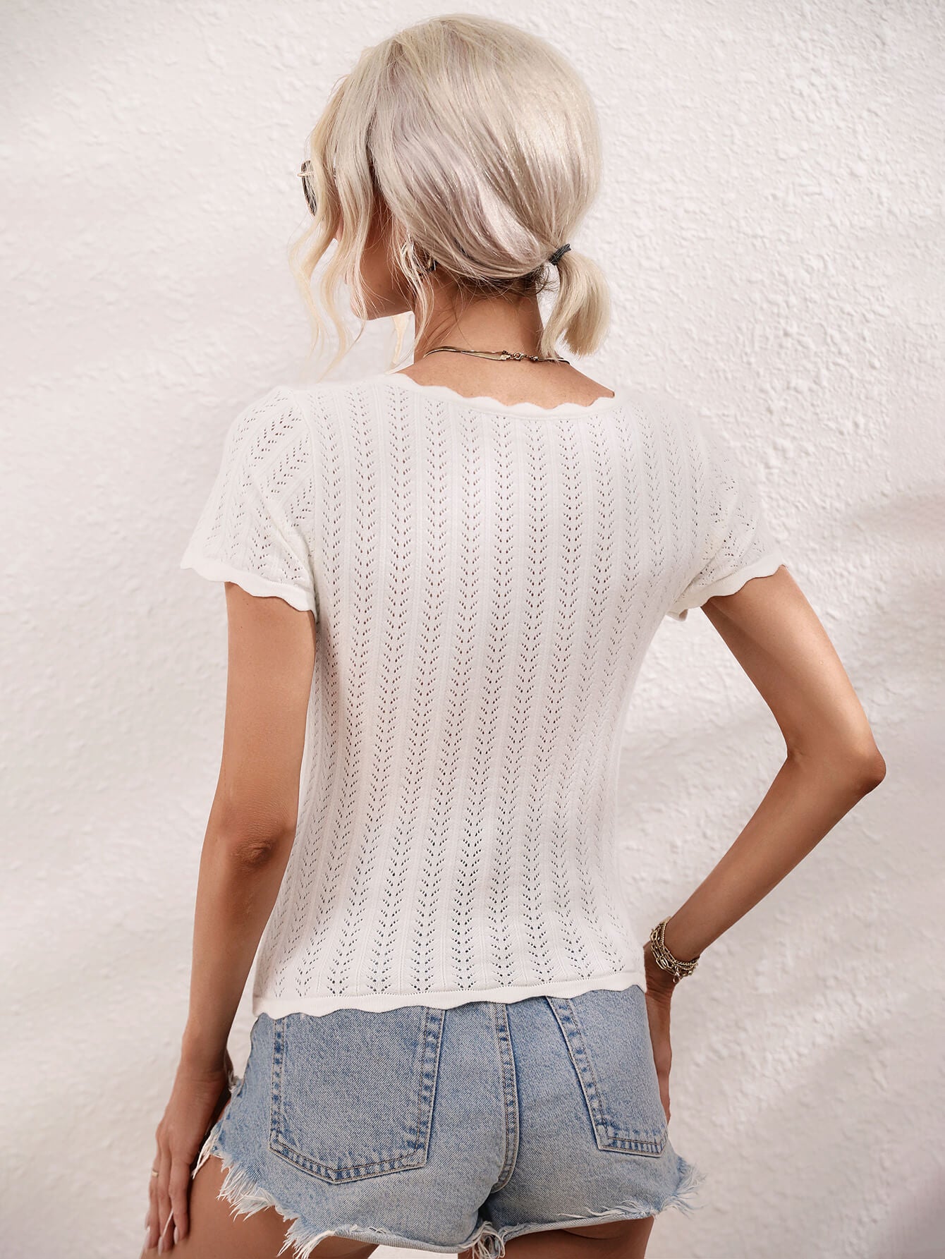 Scalloped Hem Square Neck Knit Top nicholesgifts