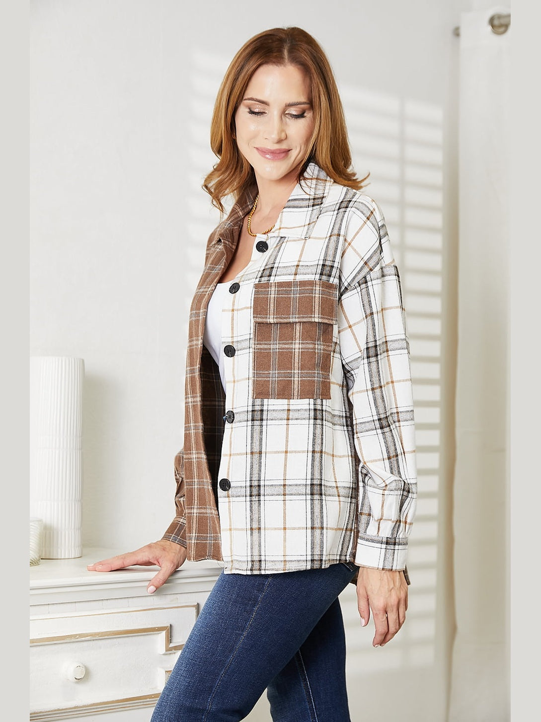 Double Take Plaid Contrast Button Up Shirt Jacket nicholesgifts
