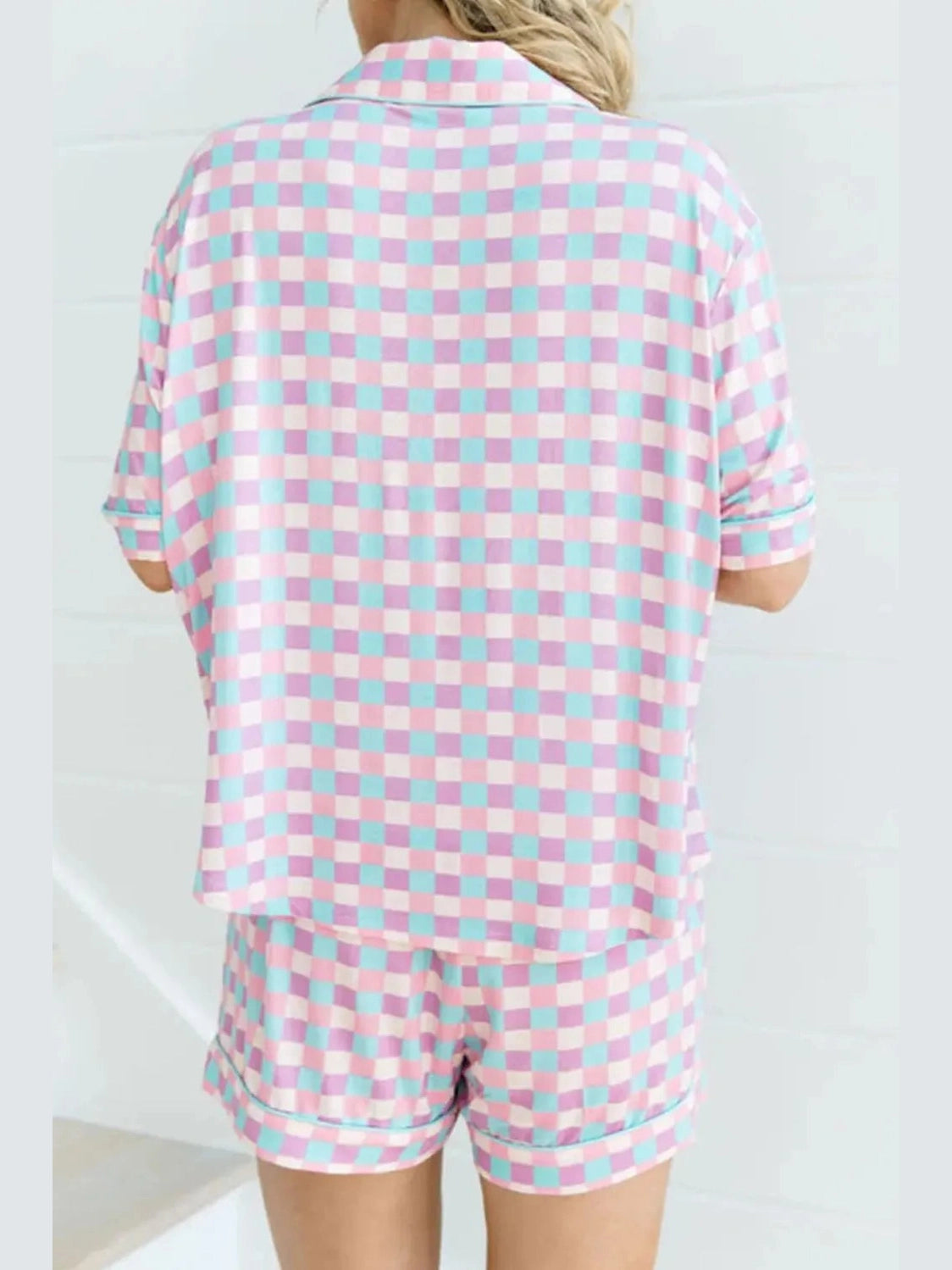 Plaid Collared Neck Short Sleeve Top and Shorts Lounge Set nicholesgifts