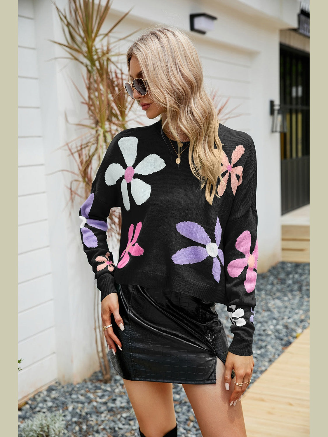 Flower Round Neck Drop Shoulder Sweater Trendsi