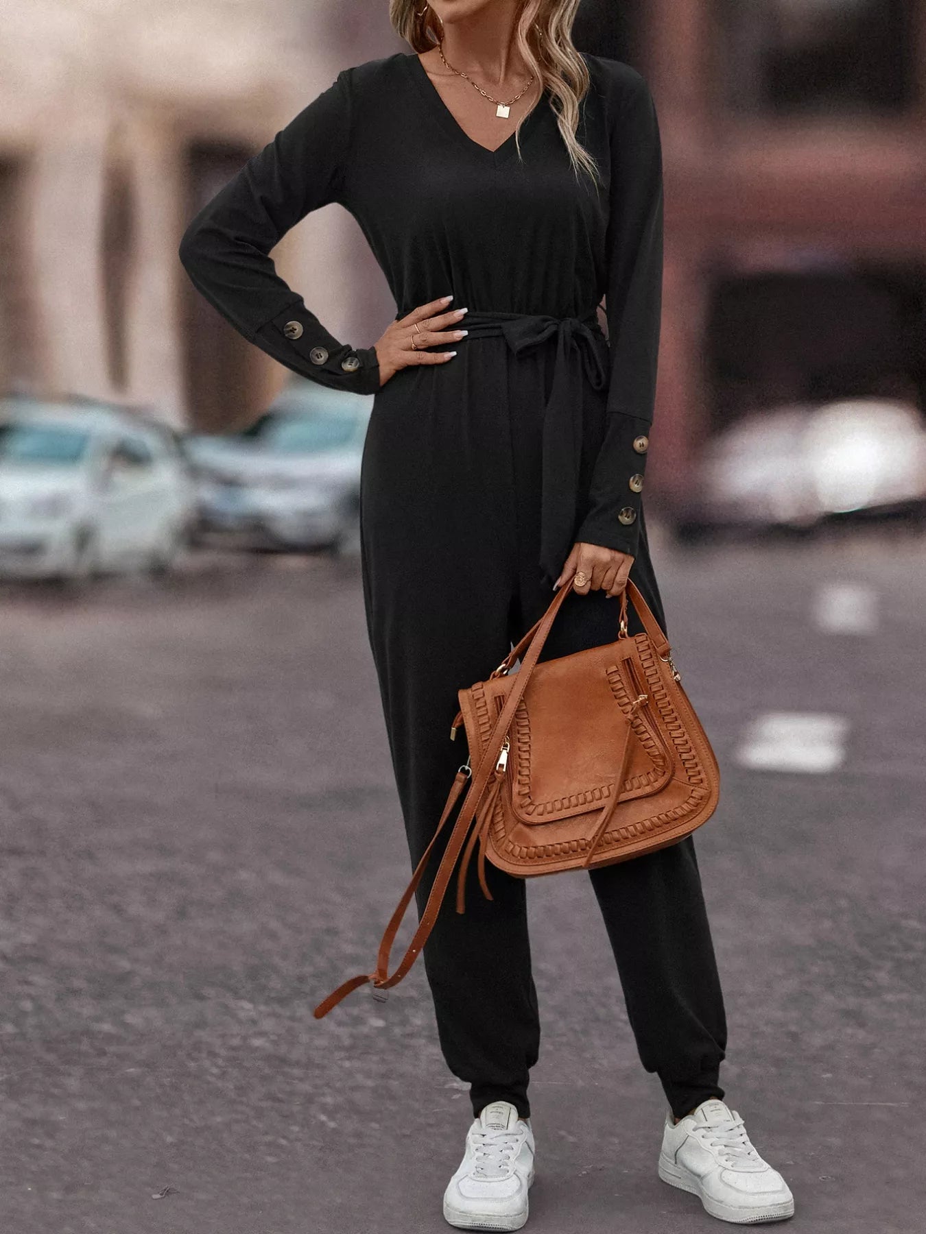 V-Neck Long Sleeve Tie Waist Jumpsuit nicholesgifts