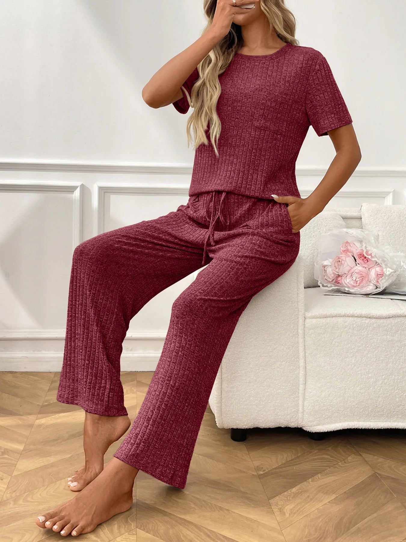 Ribbed Knit Short Sleeve Top and Pants Lounge Set nicholesgifts