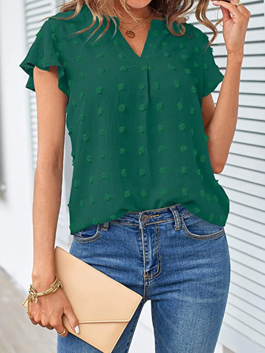 Swiss Dot Notched Cap Sleeve Blouse nicholesgifts