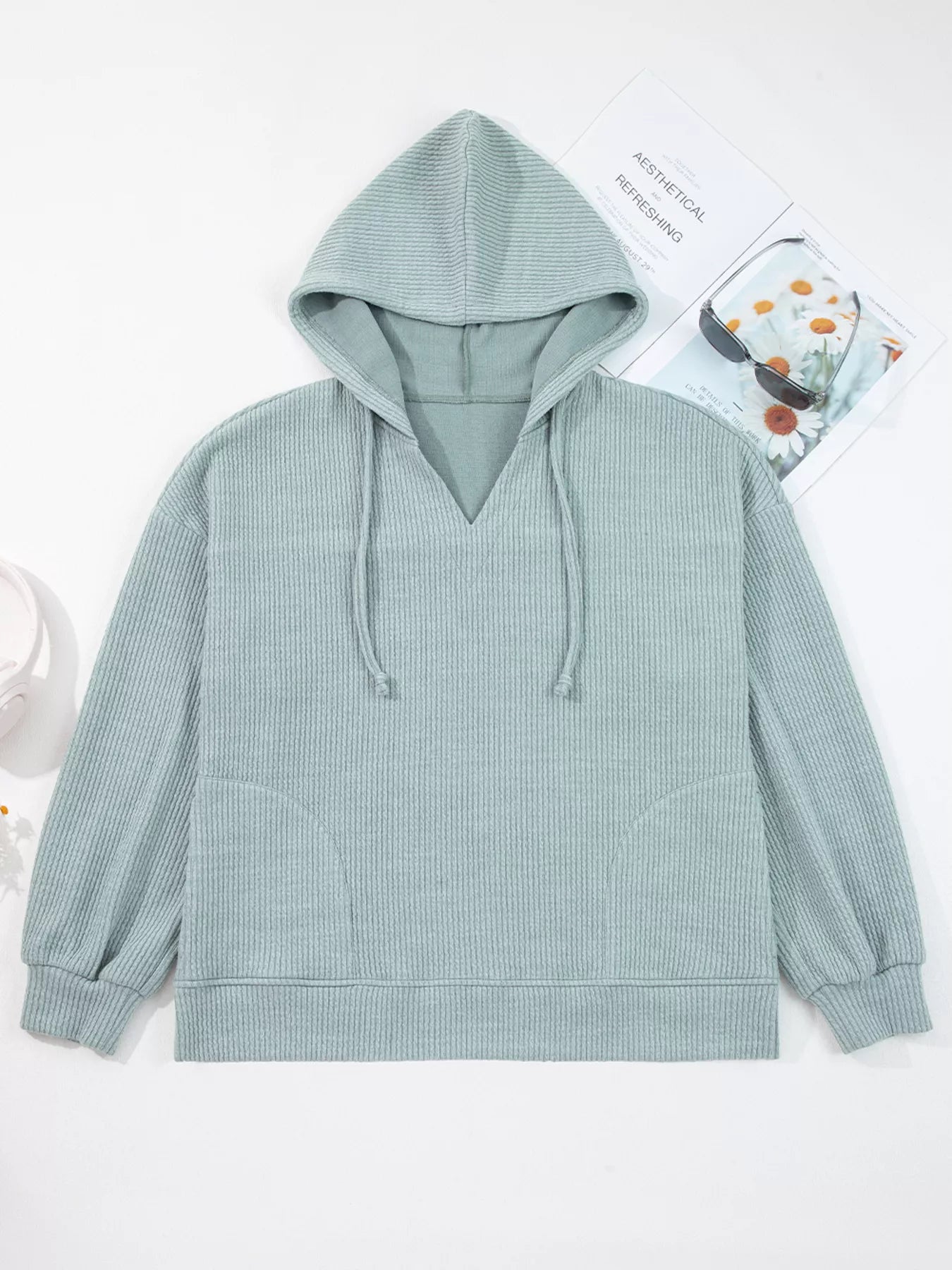 Ribbed Drop Shoulder Knit Hoodie Trendsi