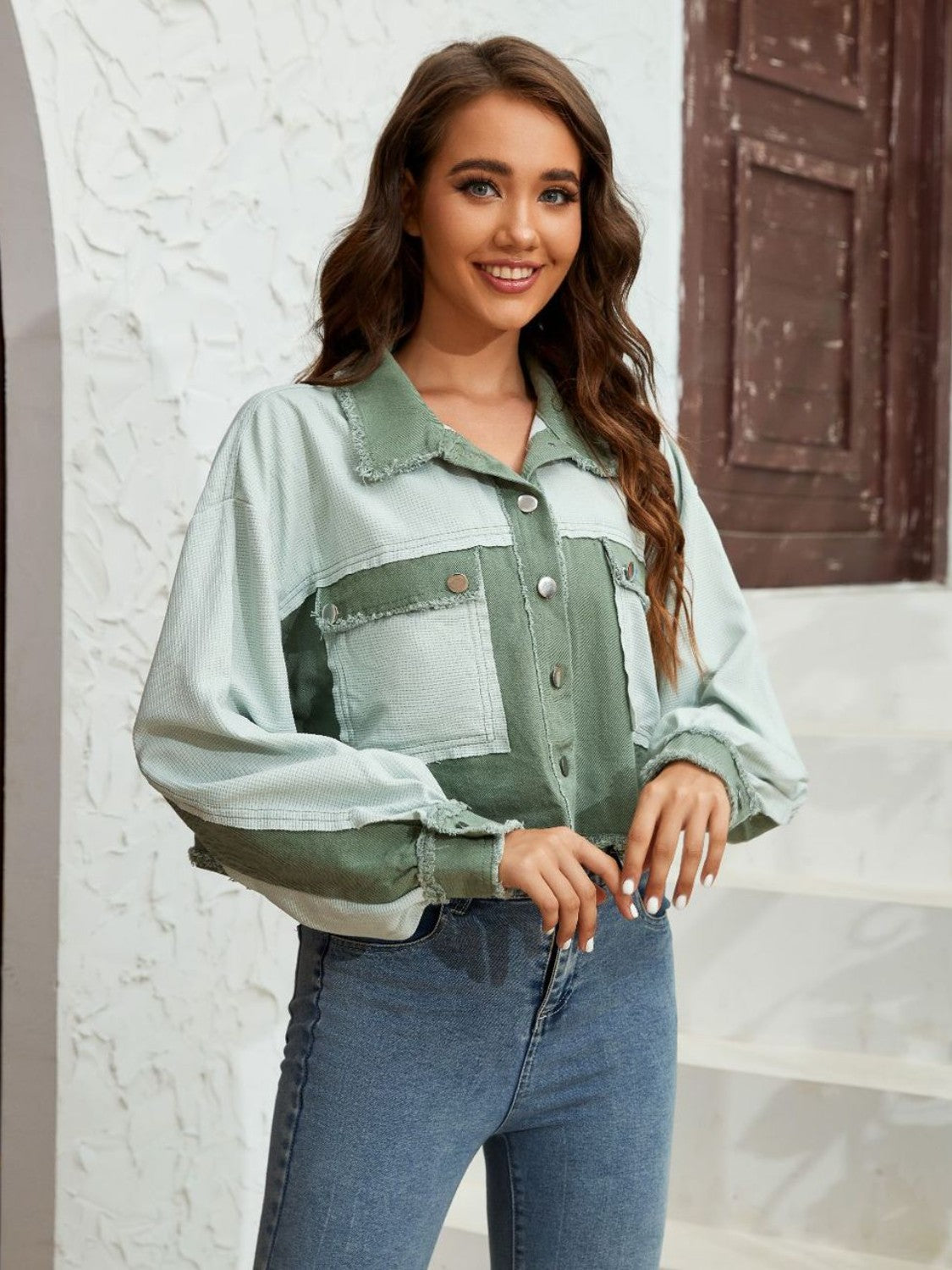 Color Block Crop Jacket with Pockets nicholesgifts