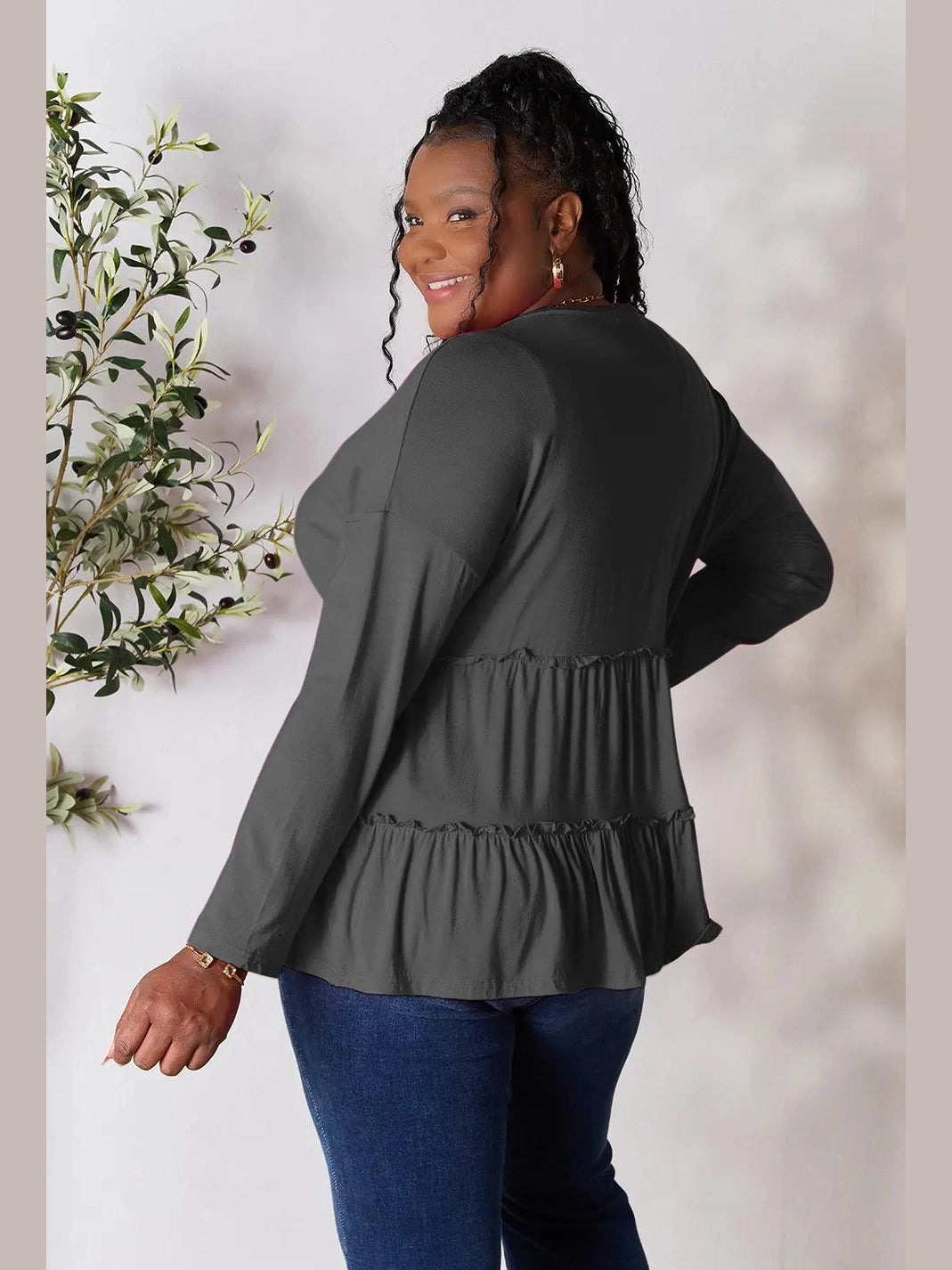 Double Take Half Button Long Sleeve Ruffle Hem Blouse nicholesgifts