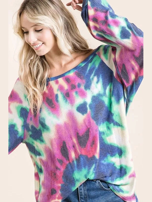 BiBi Tie Dye Print Terry Top with Puff Sleeves nicholesgifts