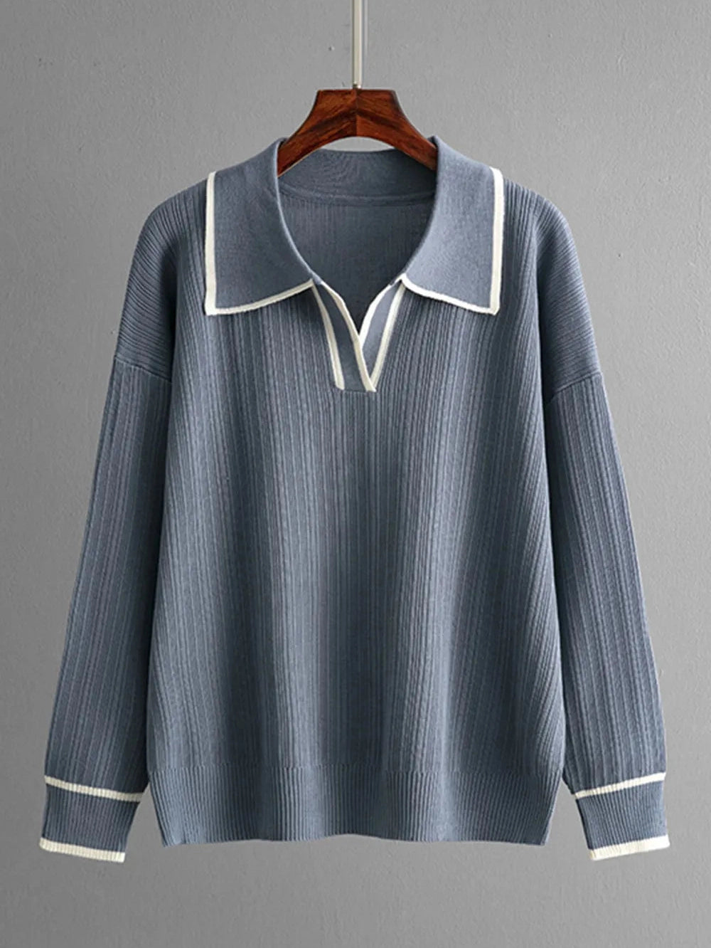 Contrast Trim Johnny Collar Top and Drawstring Pants Sweater Set nicholesgifts