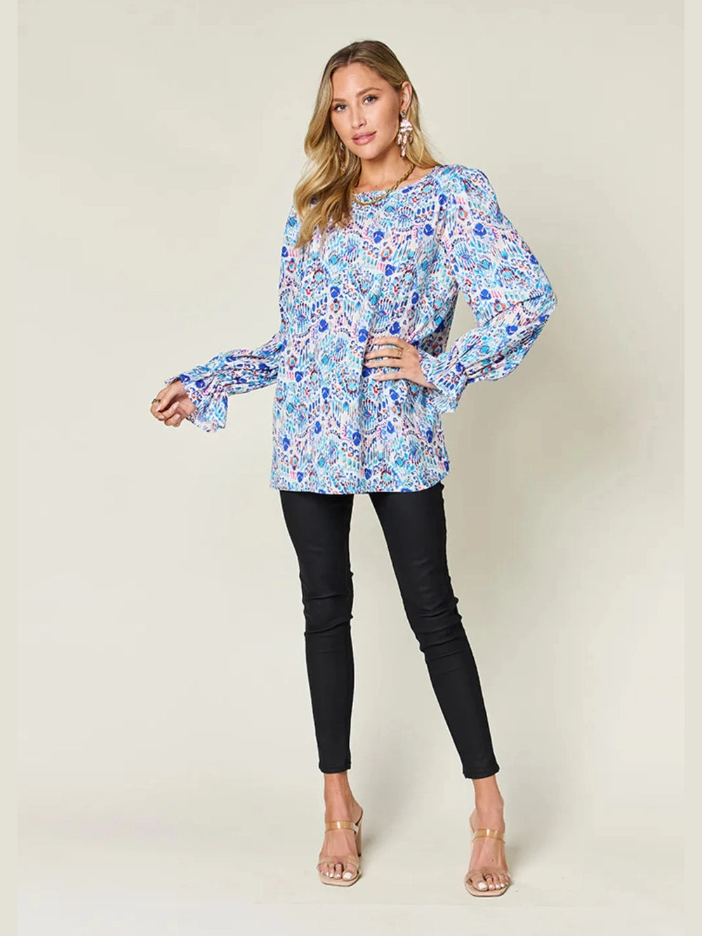 Double Take Full Size Printed Flounce Sleeve Blouse