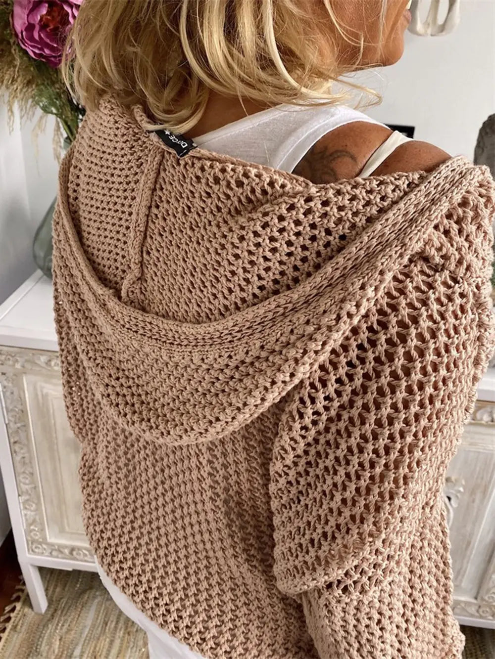 Openwork Hooded Long Sleeve Sweater nicholesgifts