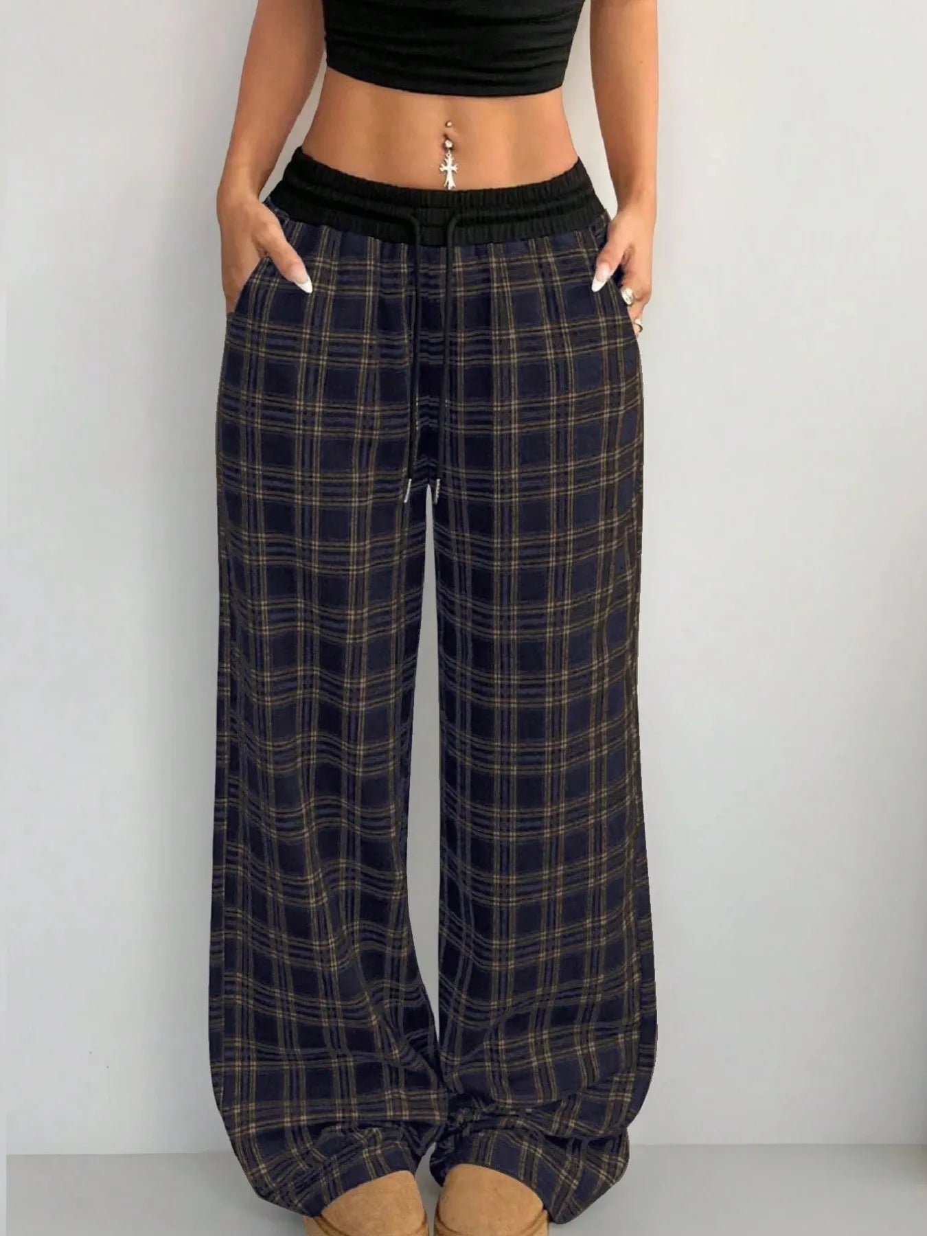 Plaid Wide Leg Pants with Drawstring Waist Trendsi