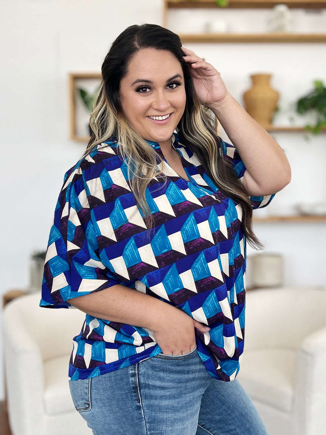 Double Take Full Size Geometric Notched Half Sleeve Blouse nicholesgifts