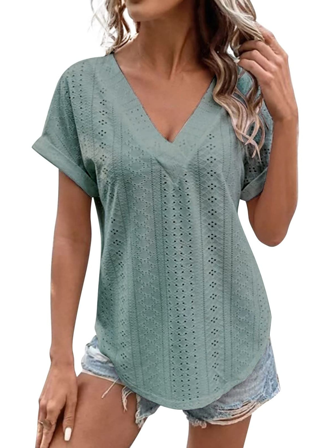 Eyelet V-Neck Short Sleeve Blouse nicholesgifts