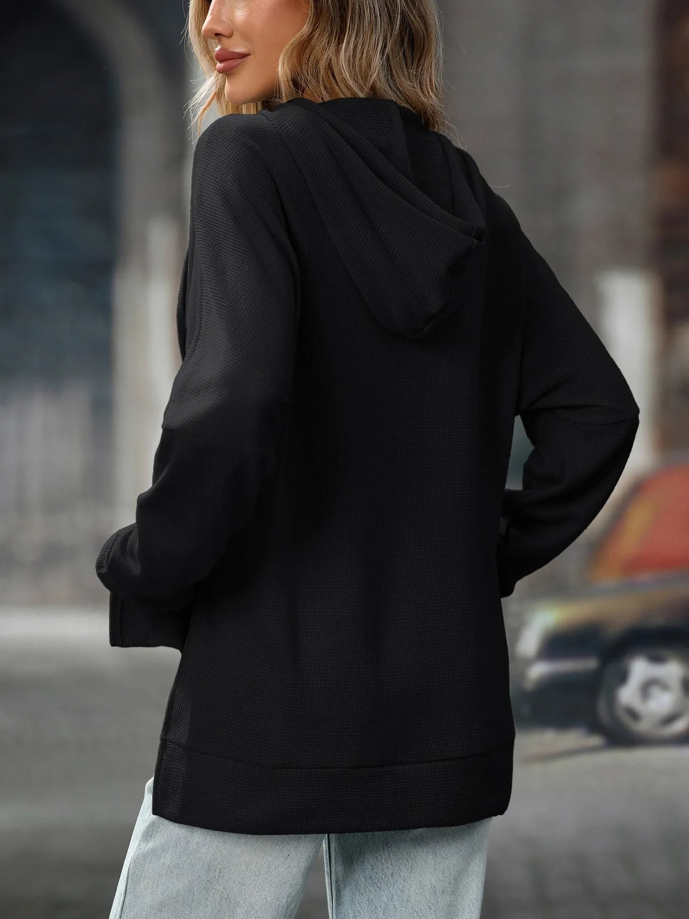 Textured Drawstring Long Sleeve Hoodie