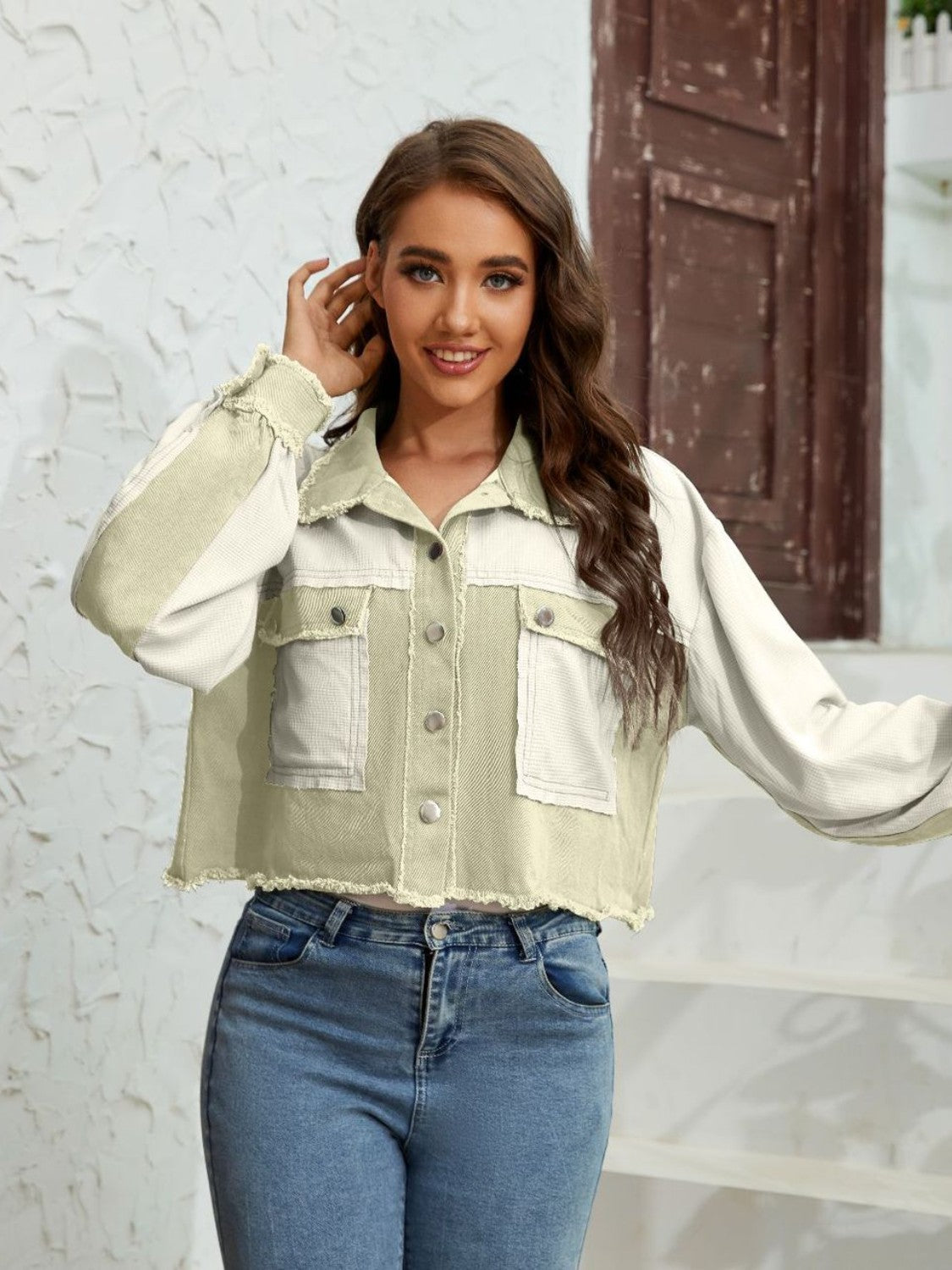 Color Block Crop Jacket with Pockets nicholesgifts