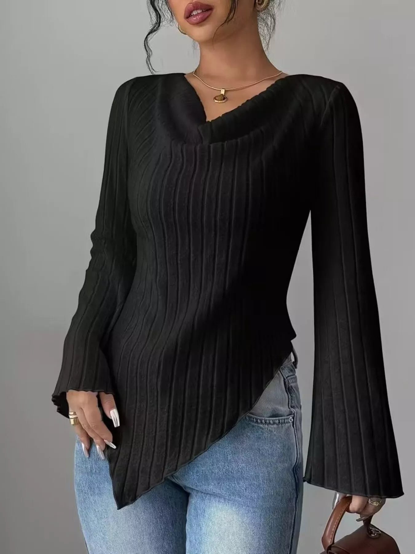 Cowl Neck Ribbed Knit T-Shirt nicholesgifts
