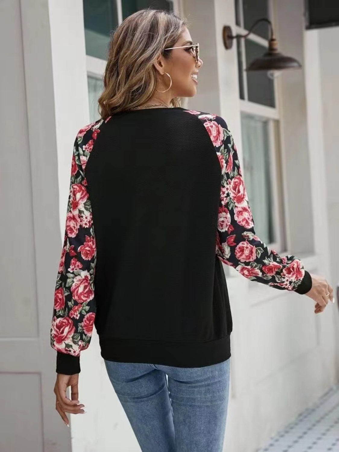 Women Floral Raglan Sleeve Round Neck Sweatshirt nicholesgifts