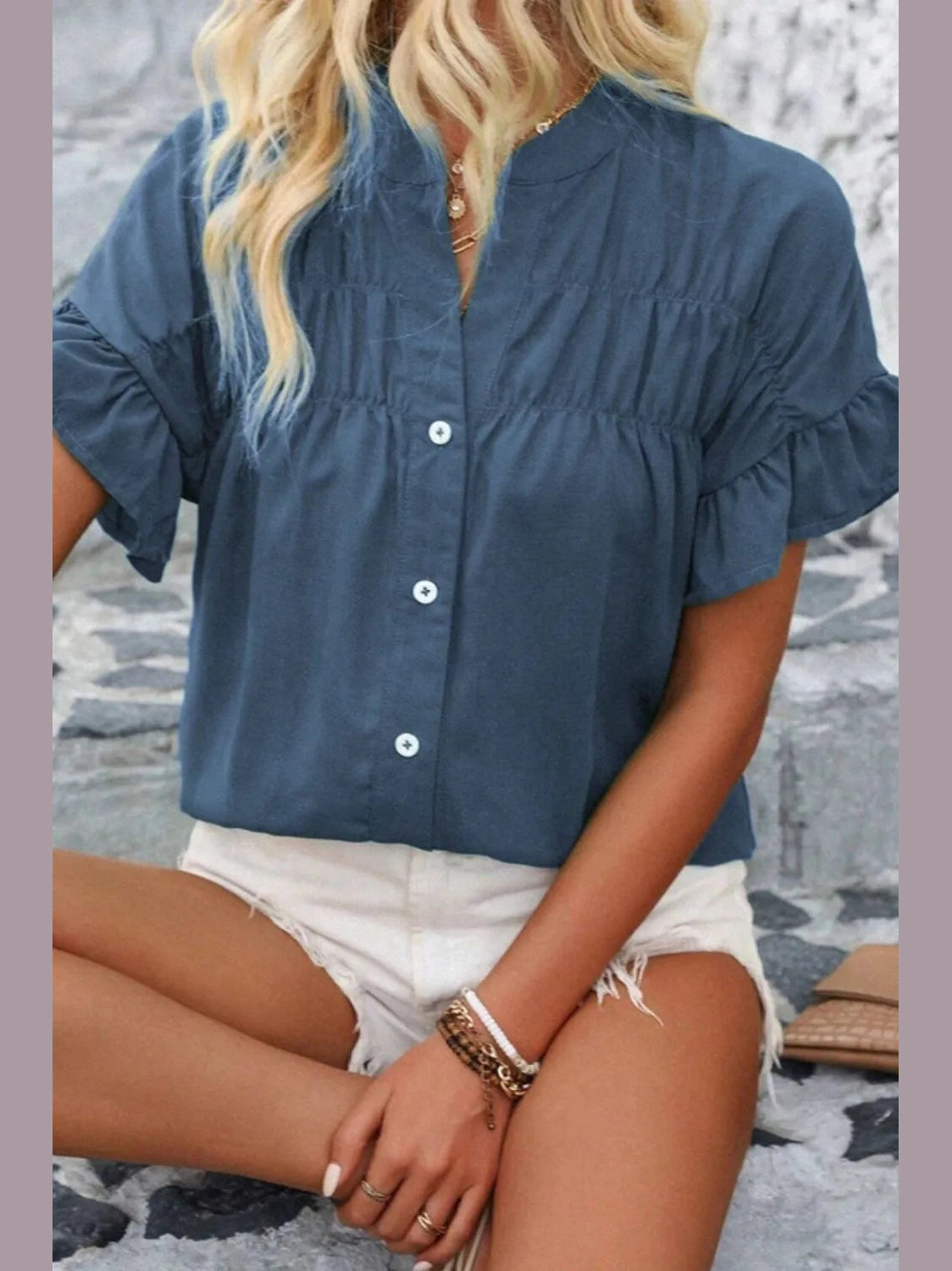 Ruffled Ruched Short Sleeve Button Down Shirt