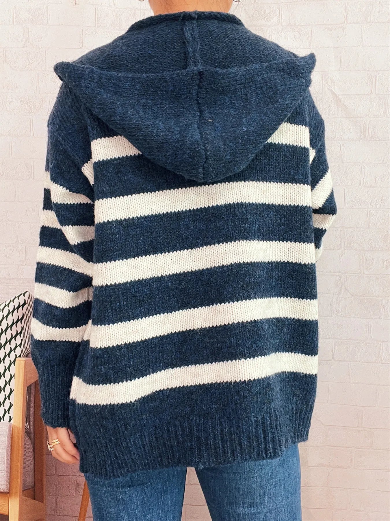 Striped Button-Up Hooded Cardigan