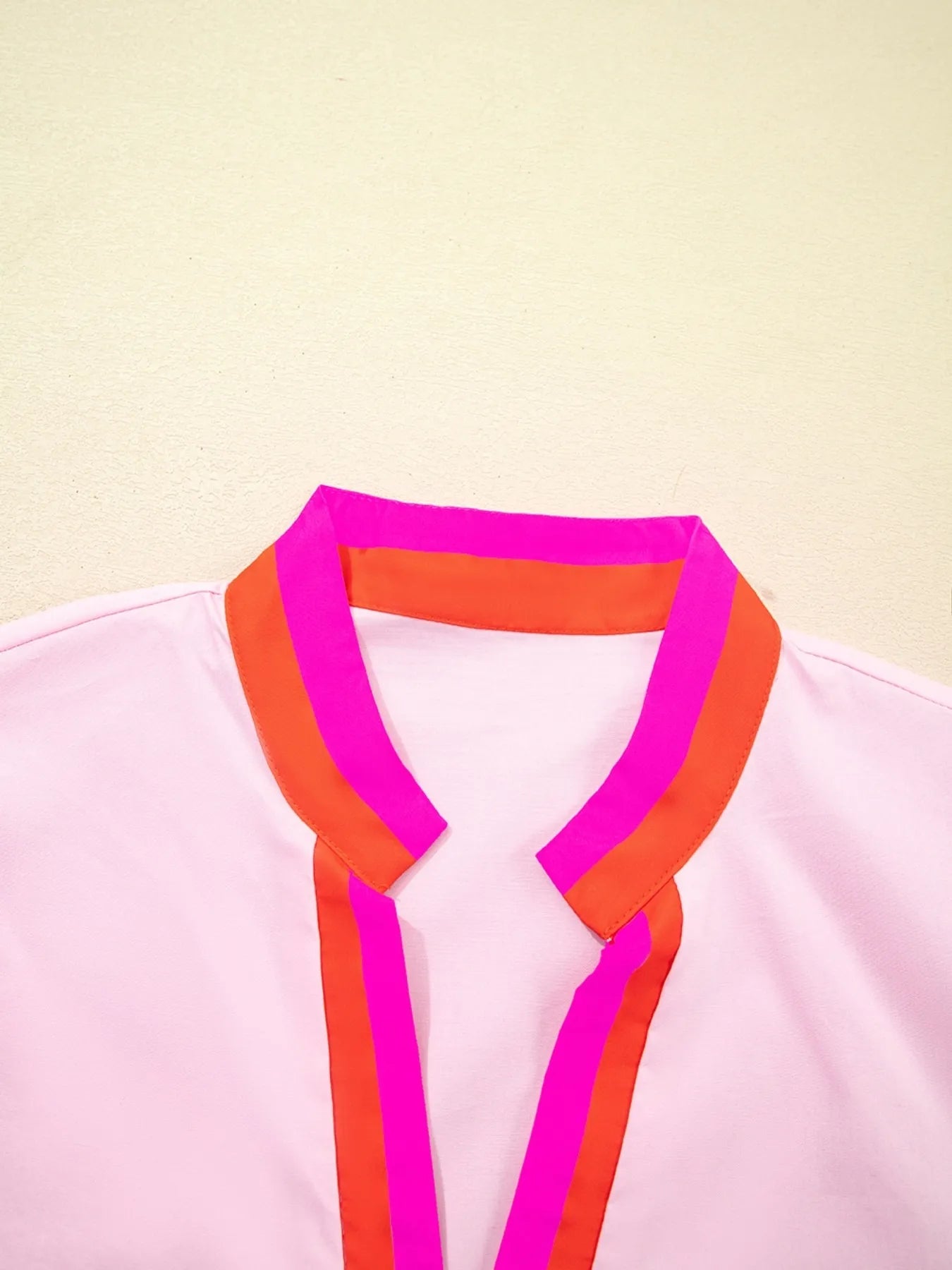 Contrast Trim Notched Short Sleeve Blouse NicholesGifts