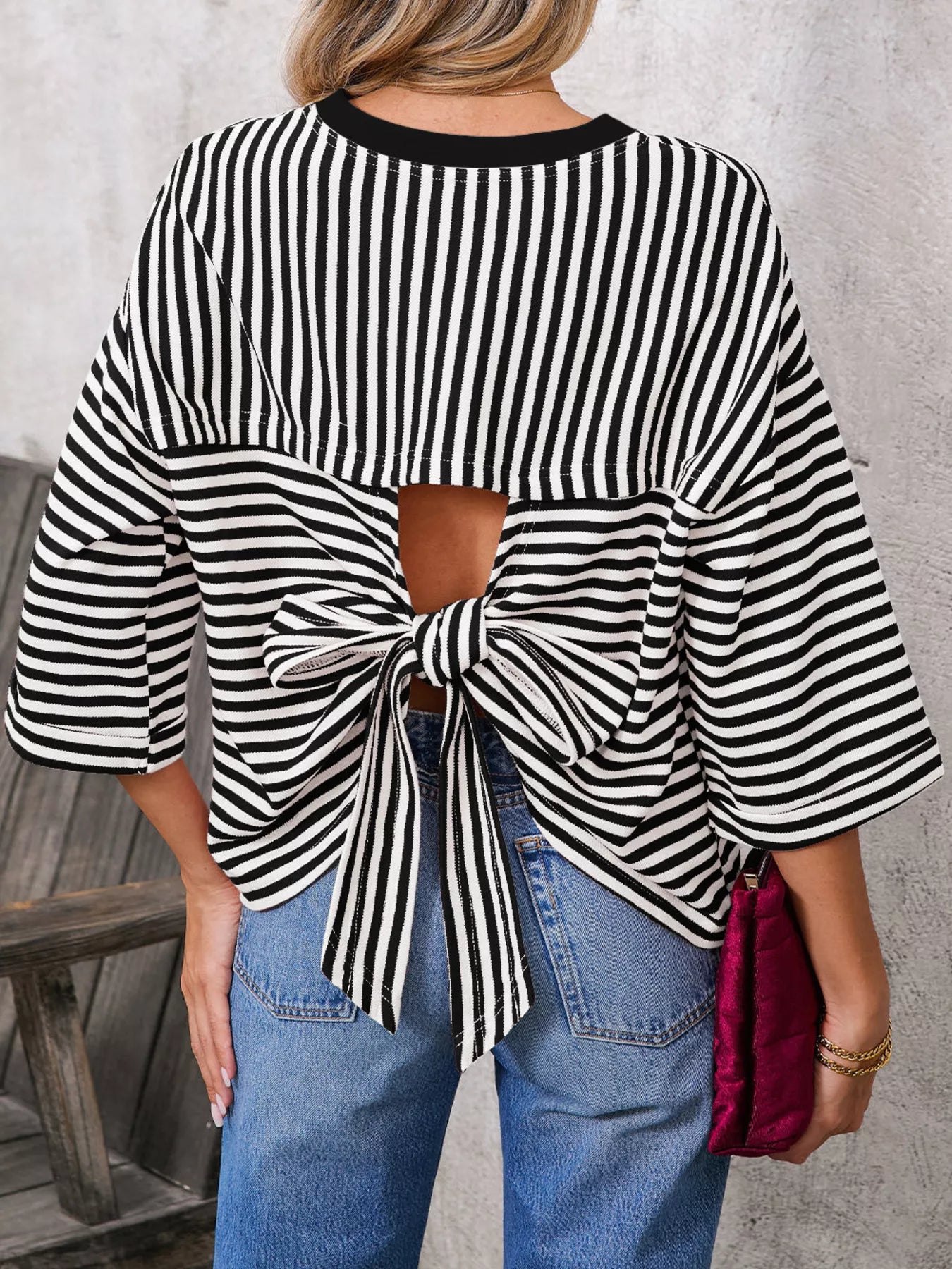 Striped Back Bow Tie T-Shirt nicholesgifts