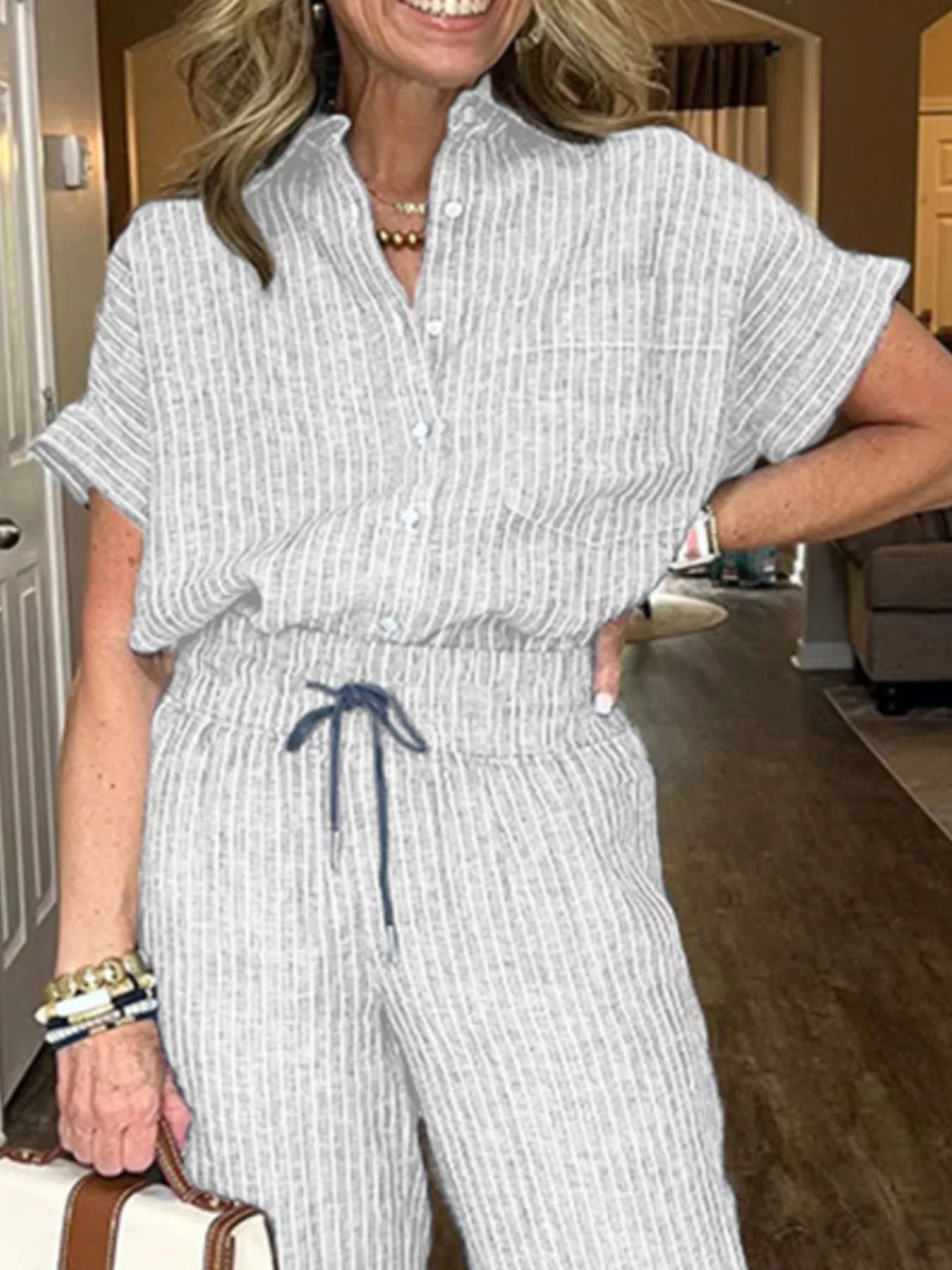 Full Size Striped Button-Up Shirt and Wide Leg Pants Casual Set Plus Size Trendsi