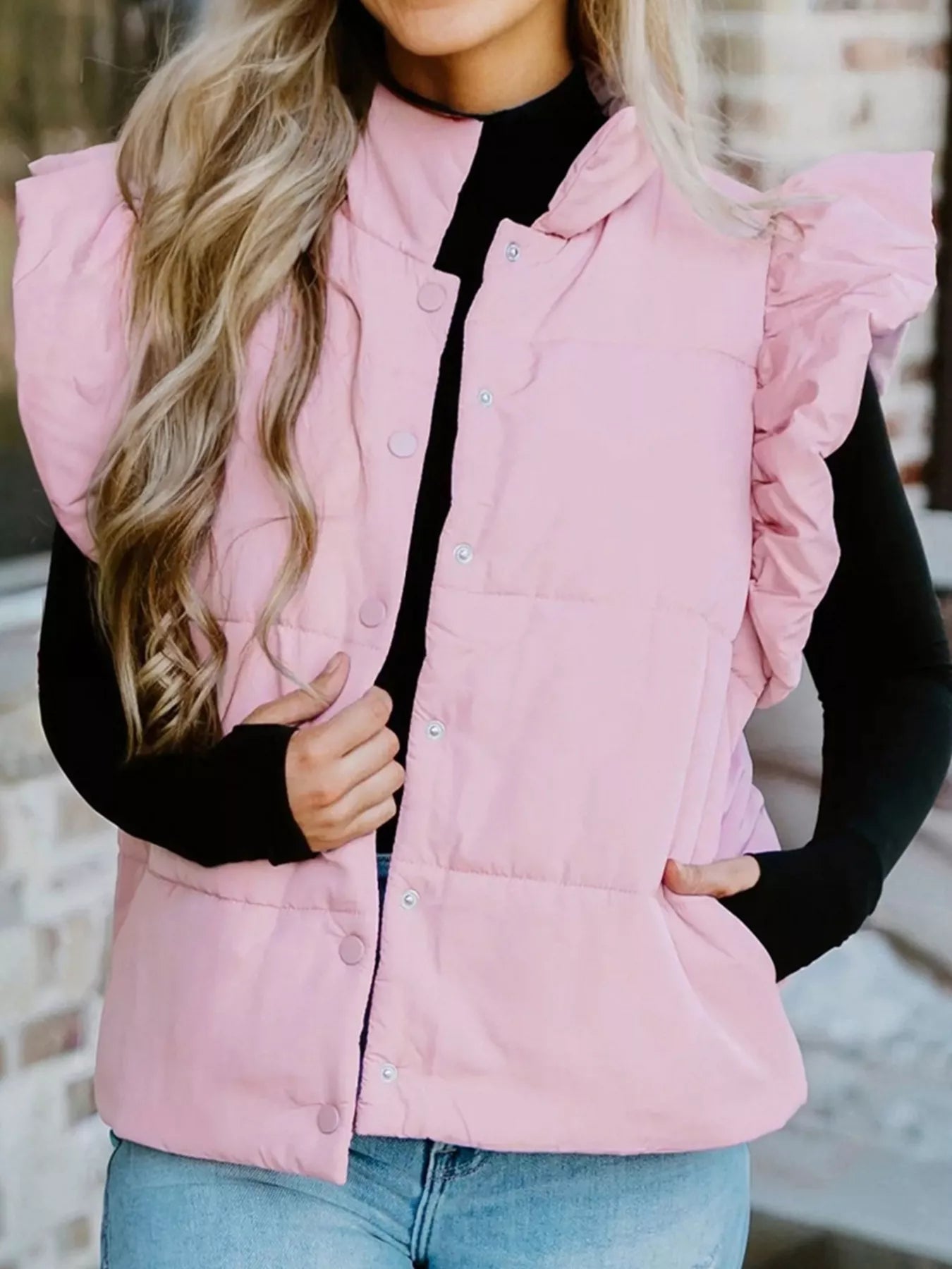 Stand Neck Flutter Sleeve Snap Button Puffer Vest nicholesgifts