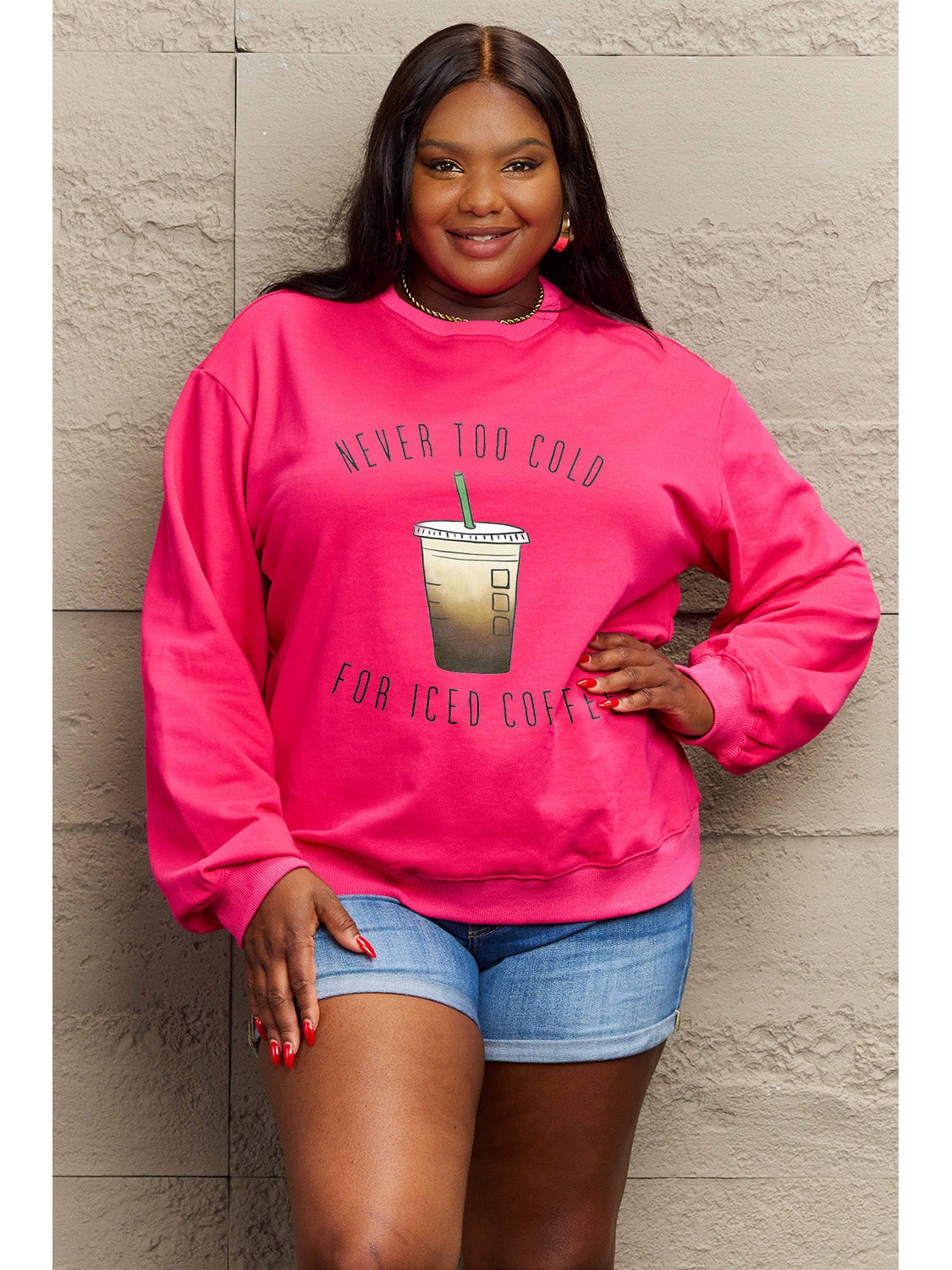 Women Simply Love Full Size Never Too Cold For Iced Coffee Round Neck Sweatshirt nicholesgifts