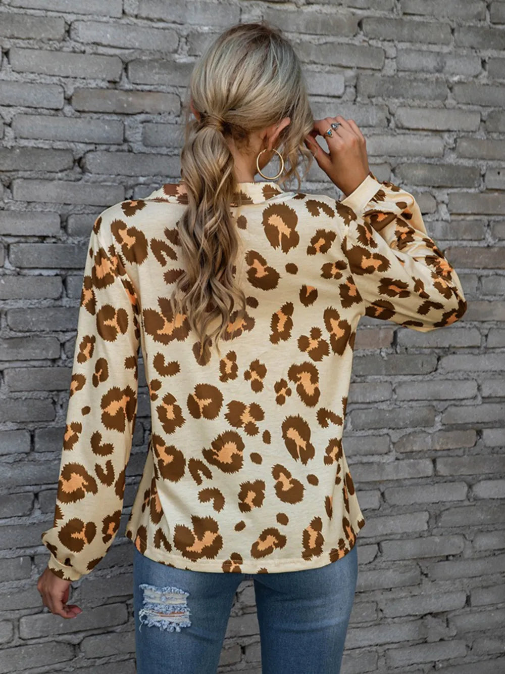 Leopard V-Neck Decorative Button Long Sleeve Blouse NicholesGifts