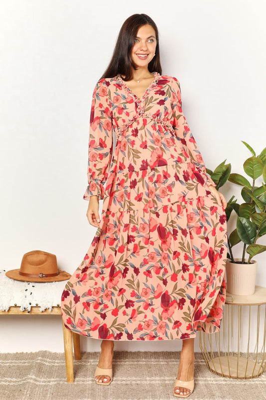 Women Double Take Floral Frill Trim Flounce Sleeve Plunge Maxi Dress - NicholesGifts.online