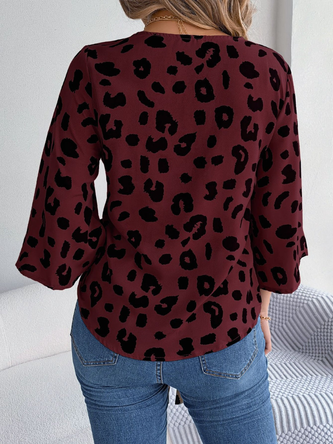 Tied Button Up Leopard V-Neck Blouse nicholesgifts