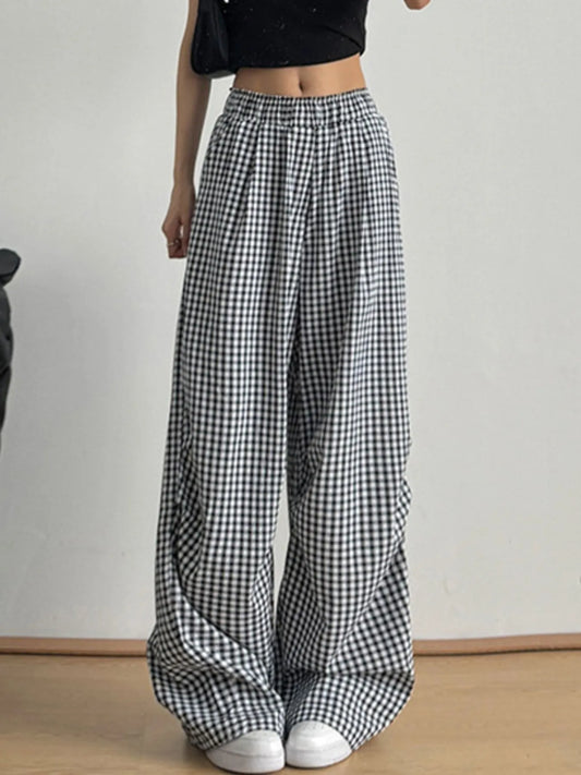 Gingham Check Wide Leg Casual Pants Trendsi