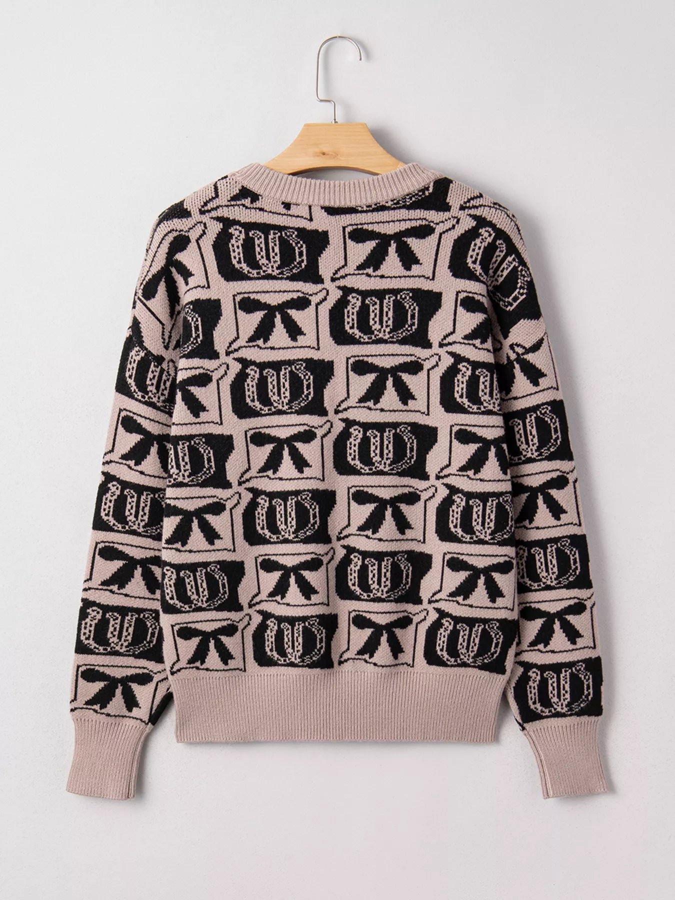 Bows & Horseshoes Pattern Round Neck Sweater Trendsi