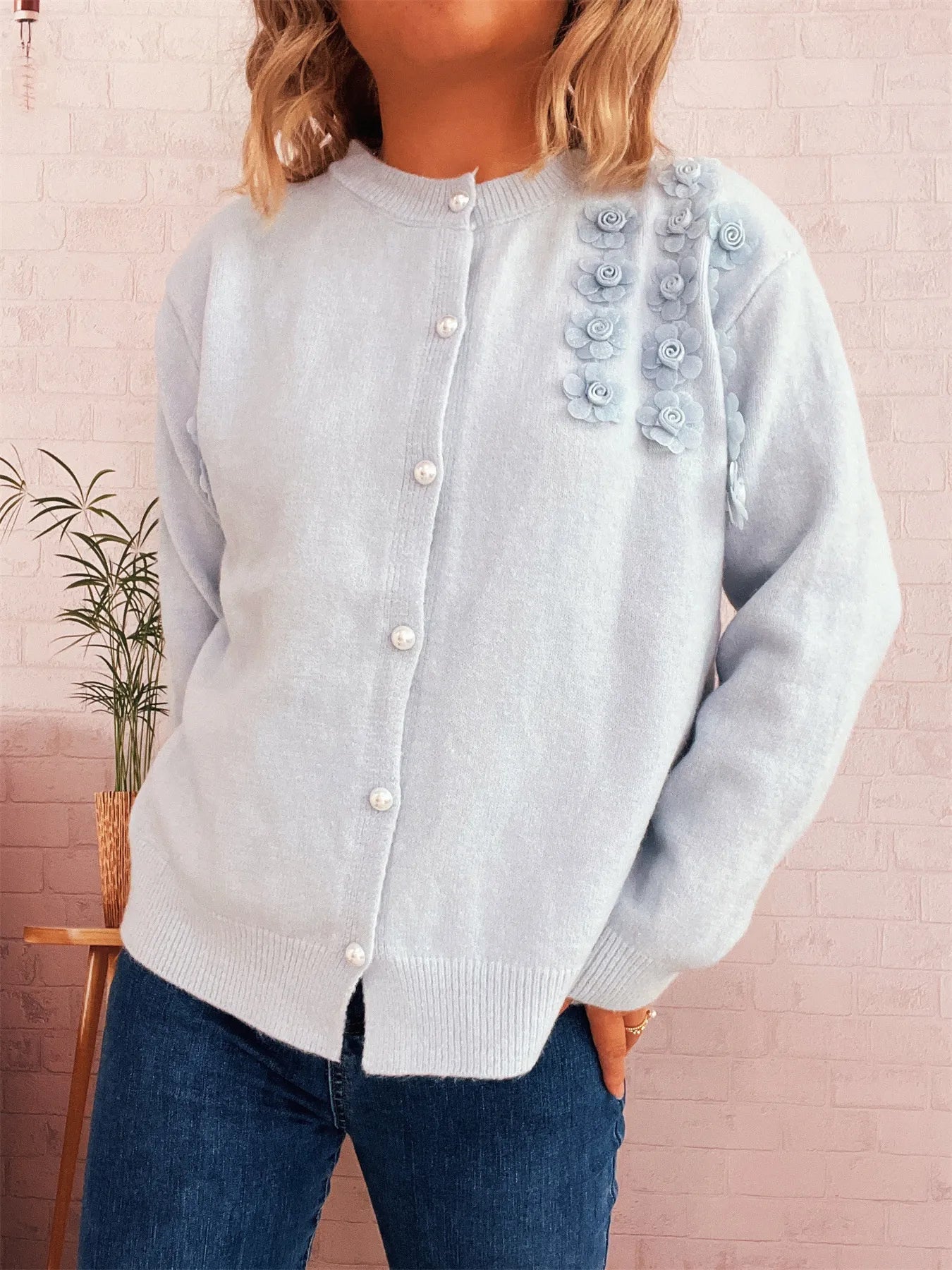 Flower Button Up Long Sleeve Cardigan