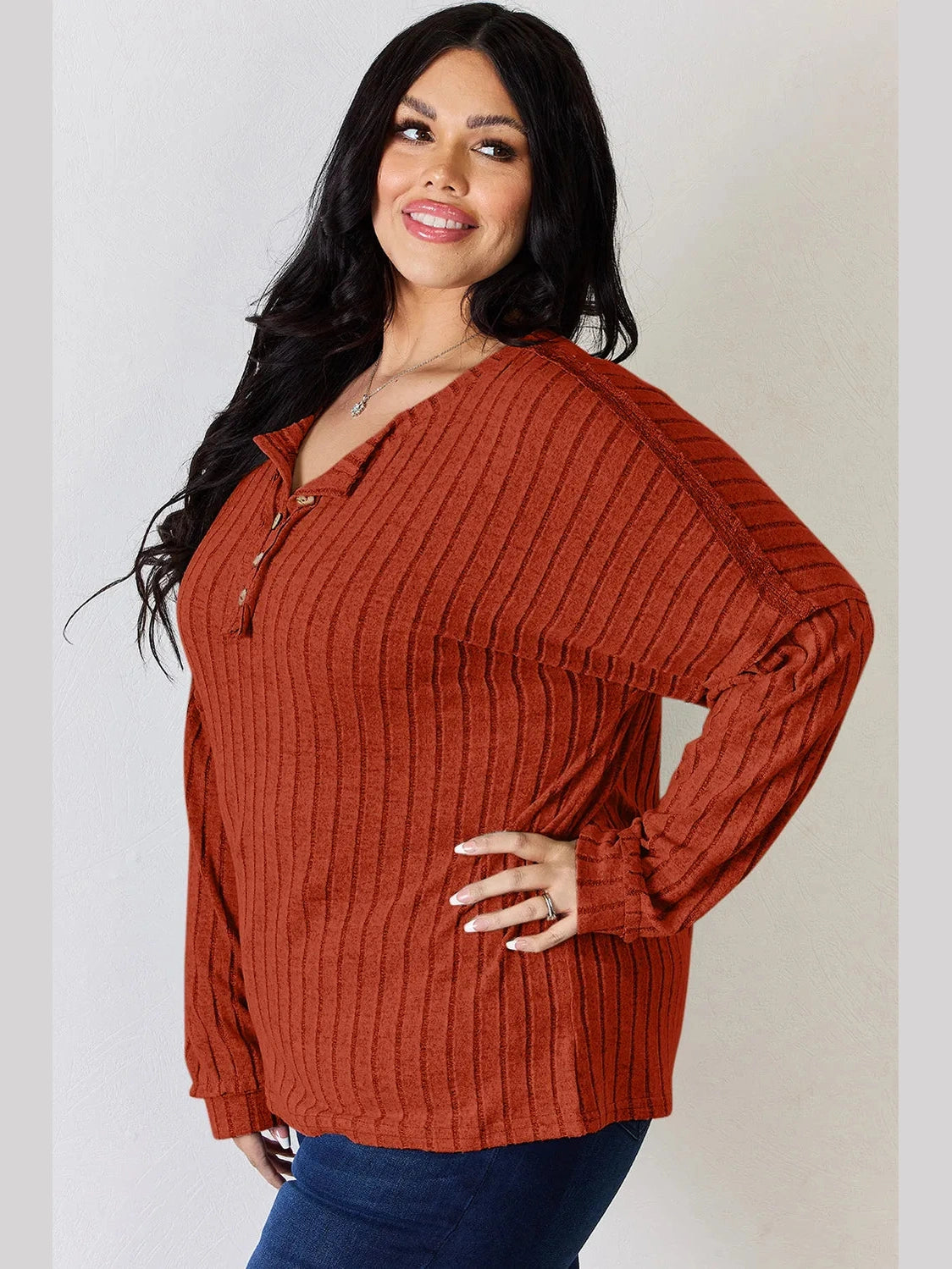 Basic Bae Full Size Ribbed Half Button Long Sleeve T-Shirt nicholesgifts