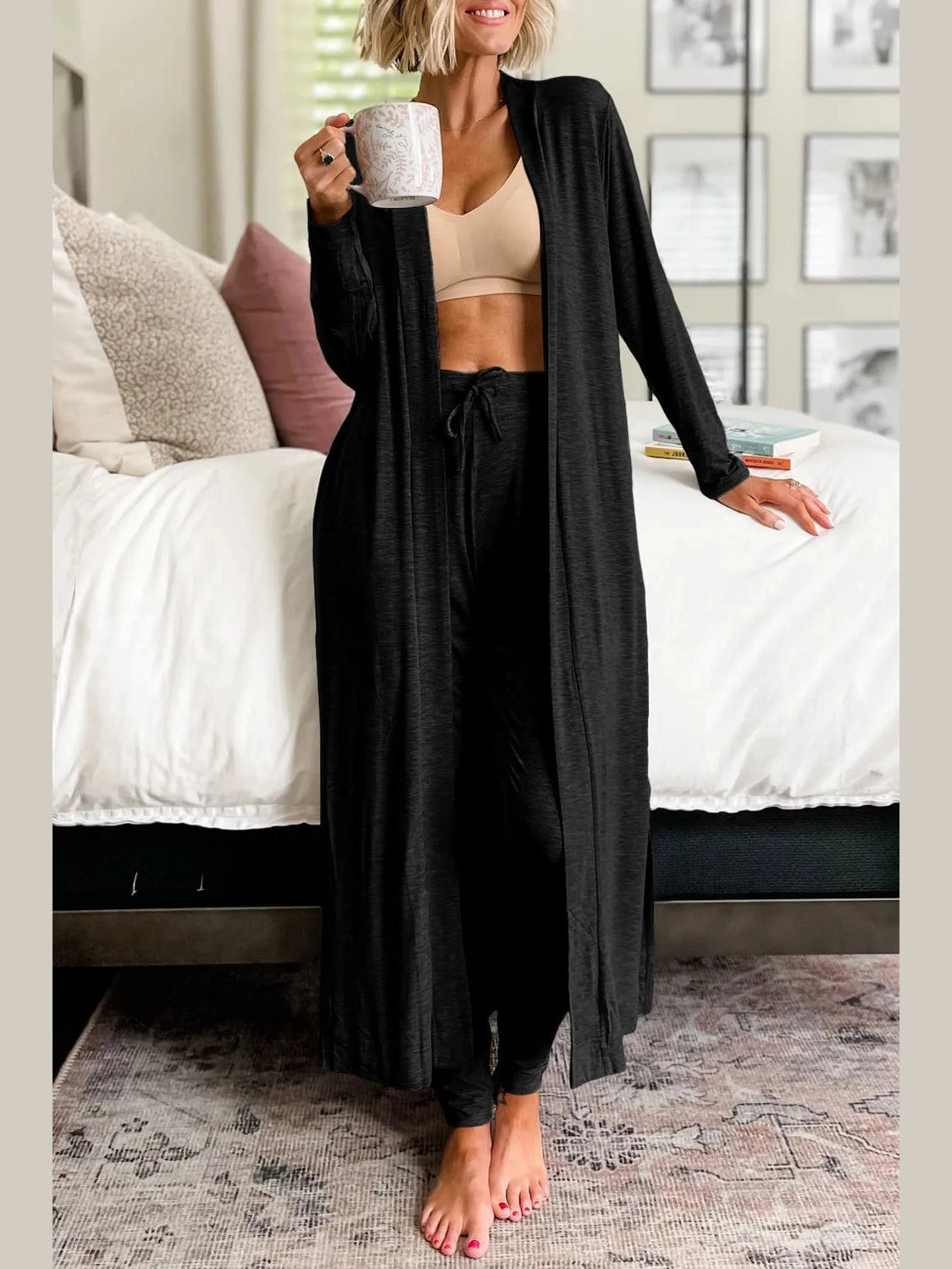 Open Front Long Sleeve Cardigan and Pants Lounge Set nicholesgifts
