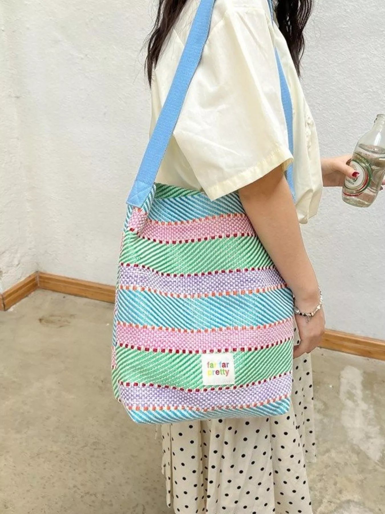 Striped Woven Shoulder Bag with Adjustable Strap nicholesgifts