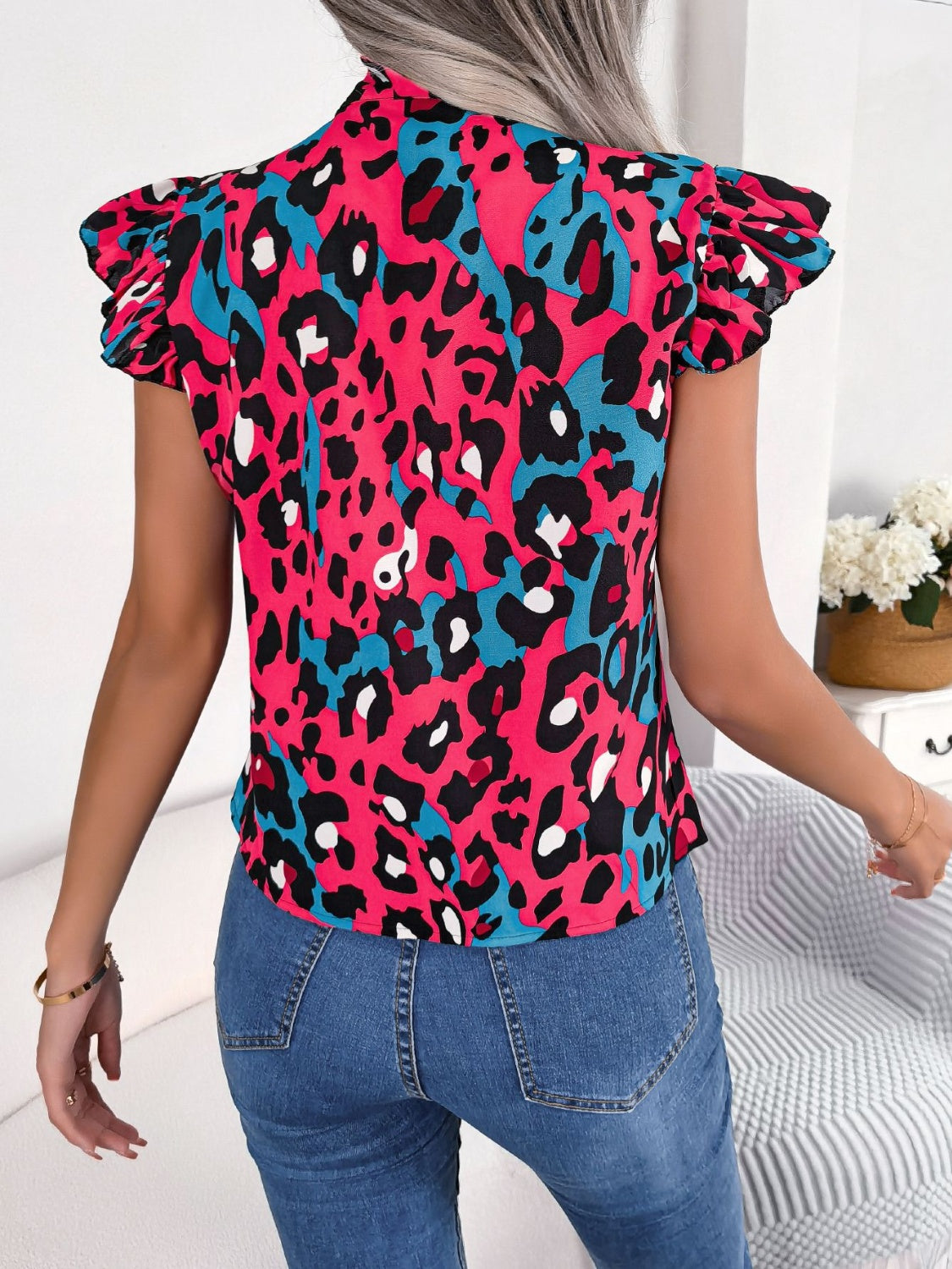 Leopard Tie Neck Cap Sleeve Blouse nicholesgifts