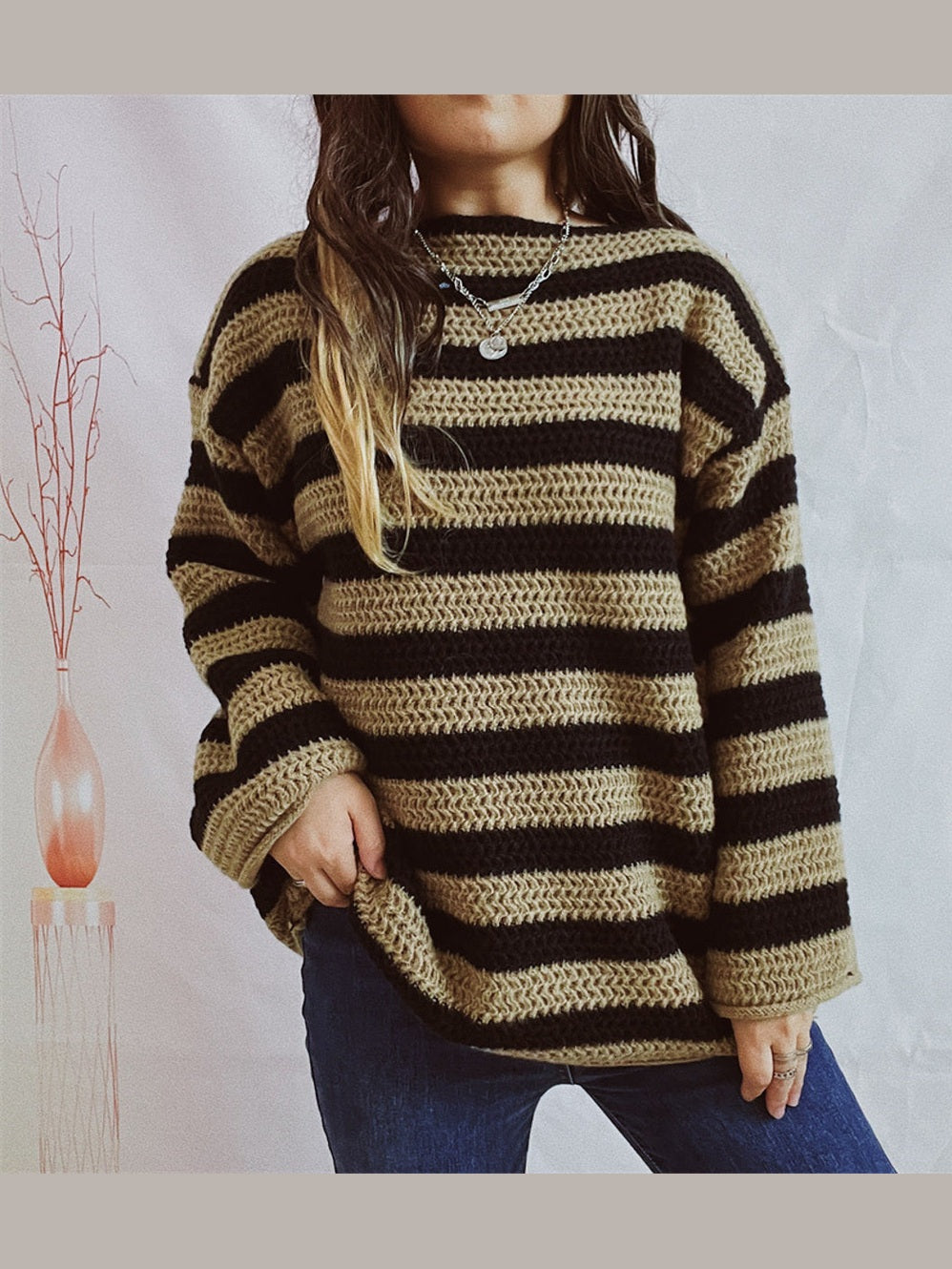 Striped Round Neck Long Sleeve Sweater NicholesGifts