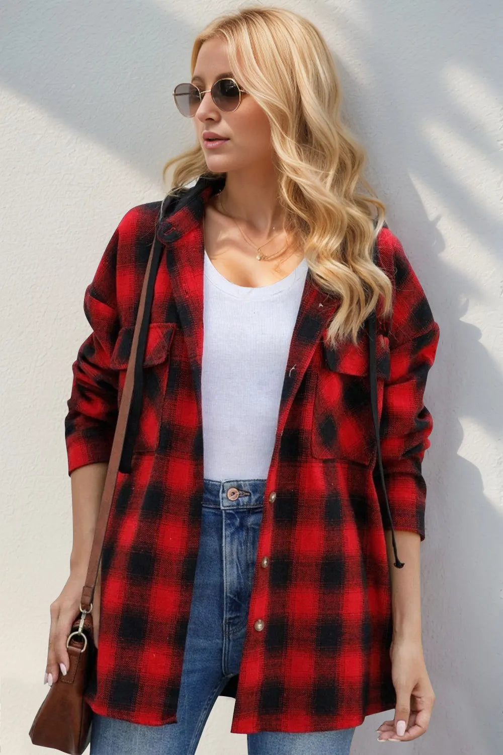 Double Take Drawstring Plaid Long Sleeve Hooded Shacket Trendsi